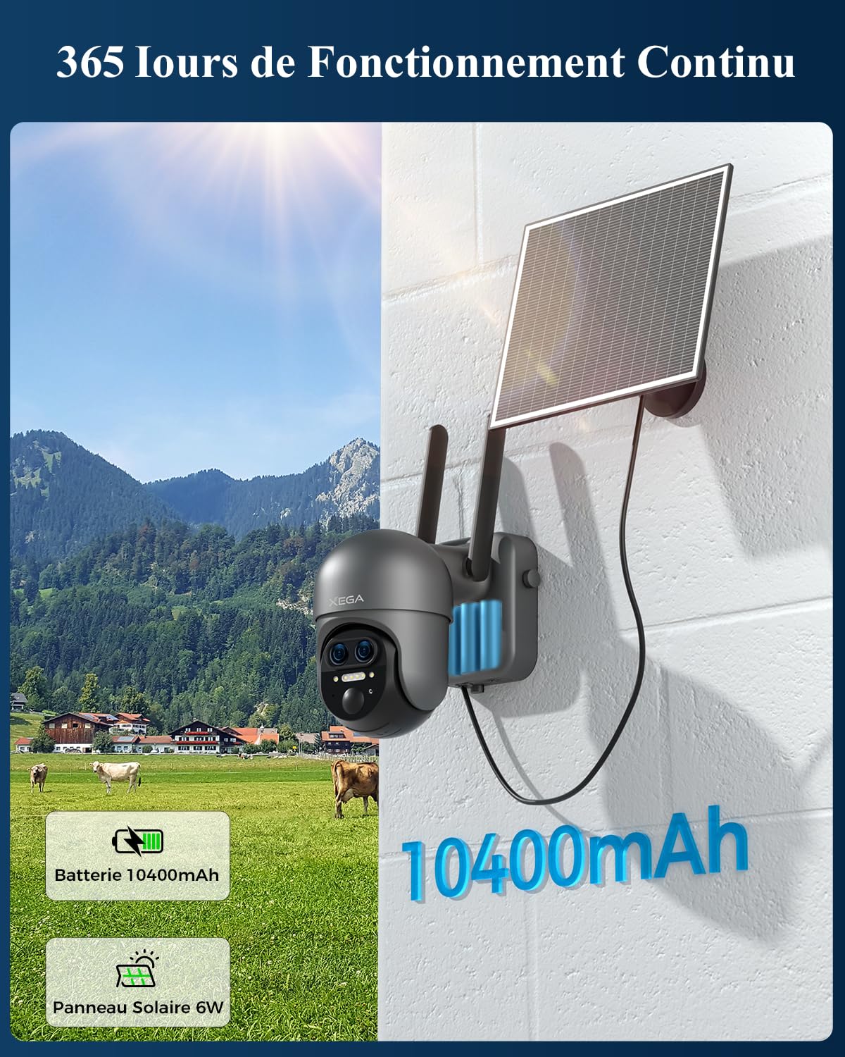 Xega Caméra de Surveillance Extérieure 4G LTE, Double Objectif, Carte SIM | Zoom Hybride 12x, Caméra Solaire, Rotation 360°, Détection PIR Humaine/Mouvement, Audio Bidirectionnel, IP66