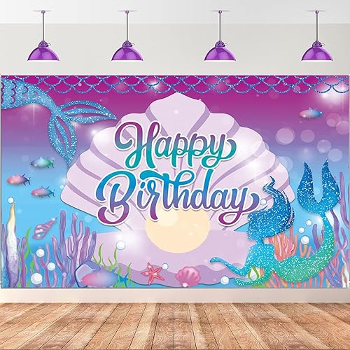 Telón de fondo de cumpleaños de sirena bajo el mar, pancarta de fiesta de sirena para niñas, decoración de cumpleaños de princesa, color morado,