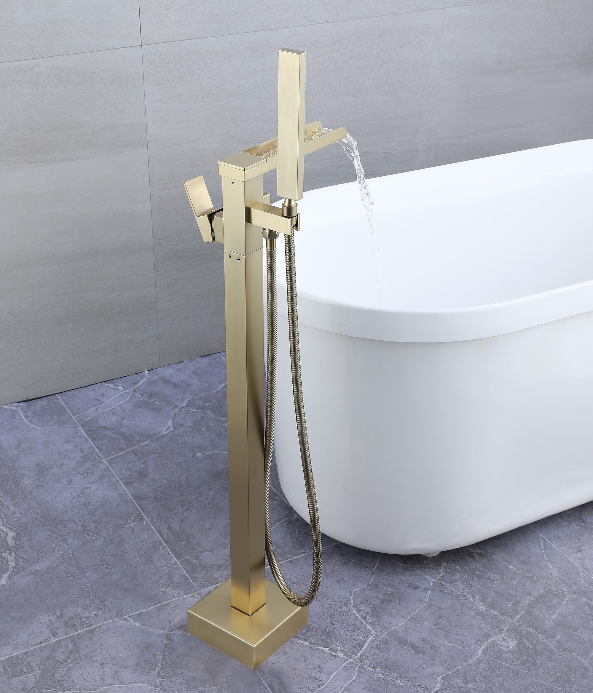 Robinet Baignoire Ilot Robinet De Baignoire Avec Douchette Pour Salle De Bain,Laiton Baignoire Robinet Mitigeur Au Sol,Autoportant Melangeur Baignoire Or brossé（connexion interne）