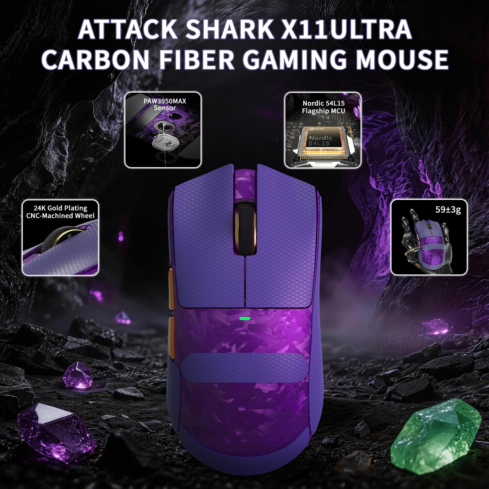 MAMBASNAKE ATTACK SHARK X11 ULTRA Mouse Gaming Wireless Fibra di Carbonio con Grip Tape, Nordic 54L15, PAW3950MAX, 42000 DPI, Dual 8000Hz, 63g Leggero, Dongle Pinna Squalo, Piedi Doppio Strato, Viola