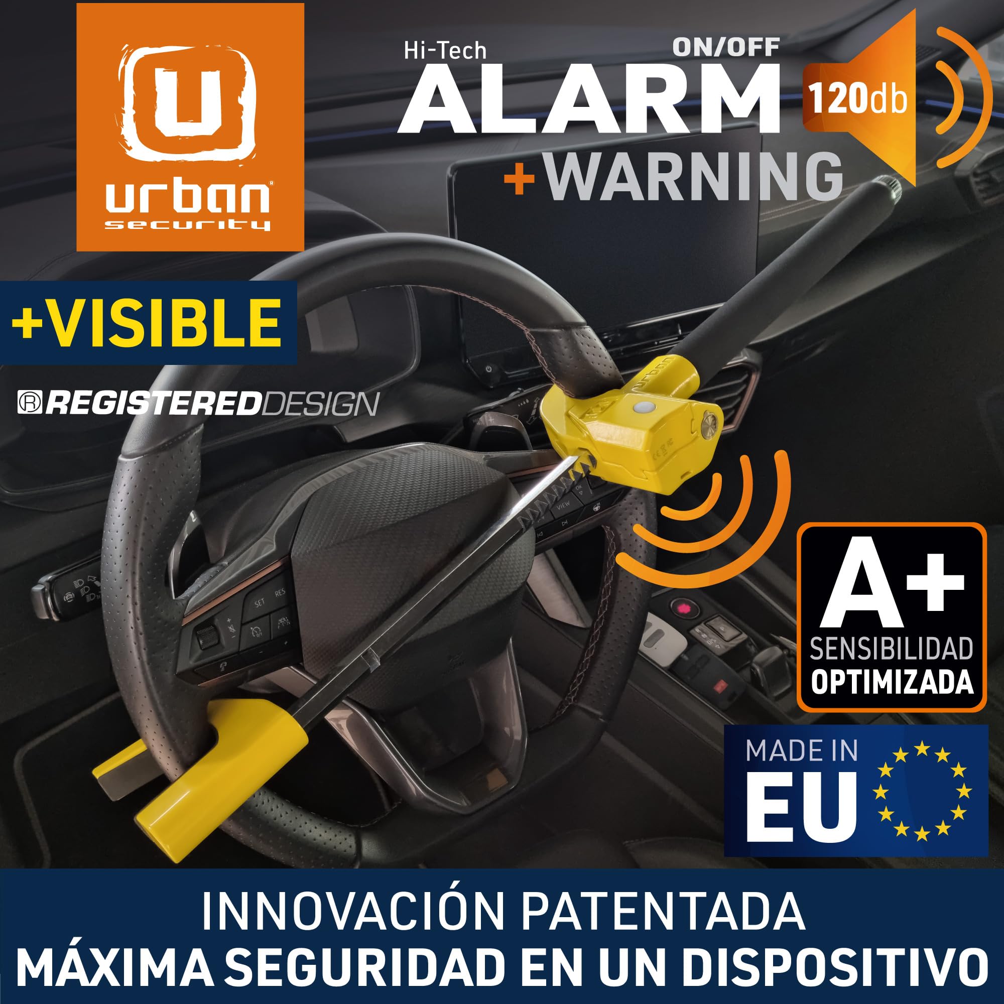 URBAN UR978Y Antirrobo Coche Doble Seguridad, Barra Volante Sin/Con Alarma Hi-Tech 120dB+LED Más Seguro y Visible, Bloqueo Automático, Patentado, Cepo Coche Universal Auto SUV Camper Autocaravana
