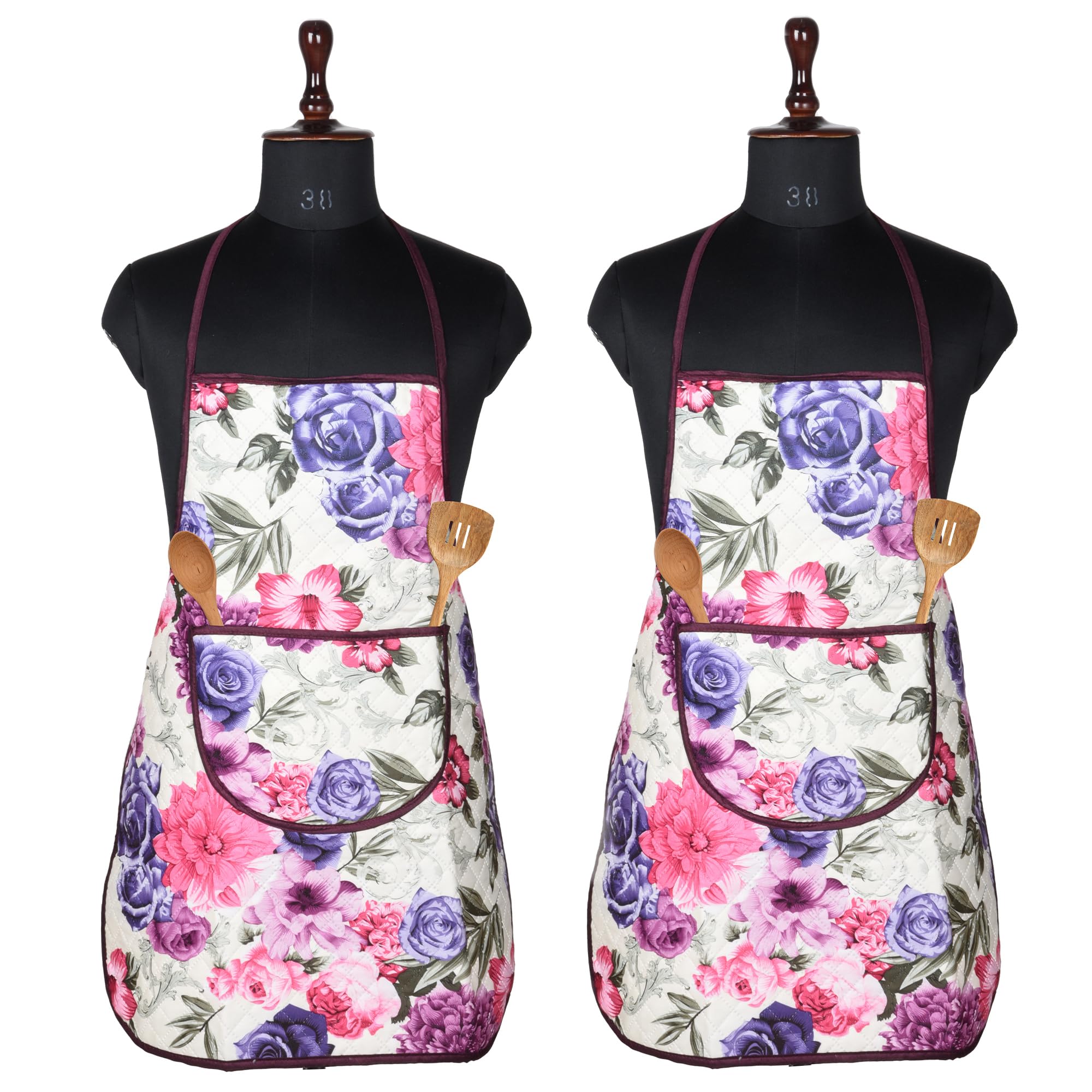 Kuber Industries Pack of 2 Apron | Cooking Dress for Men-Women | Kitchen Apron for Cooking | Apron for Restaurant | Quilted Fabric Chef Apron | Center Pocket Apron with Ties | Pink Flower | Cream