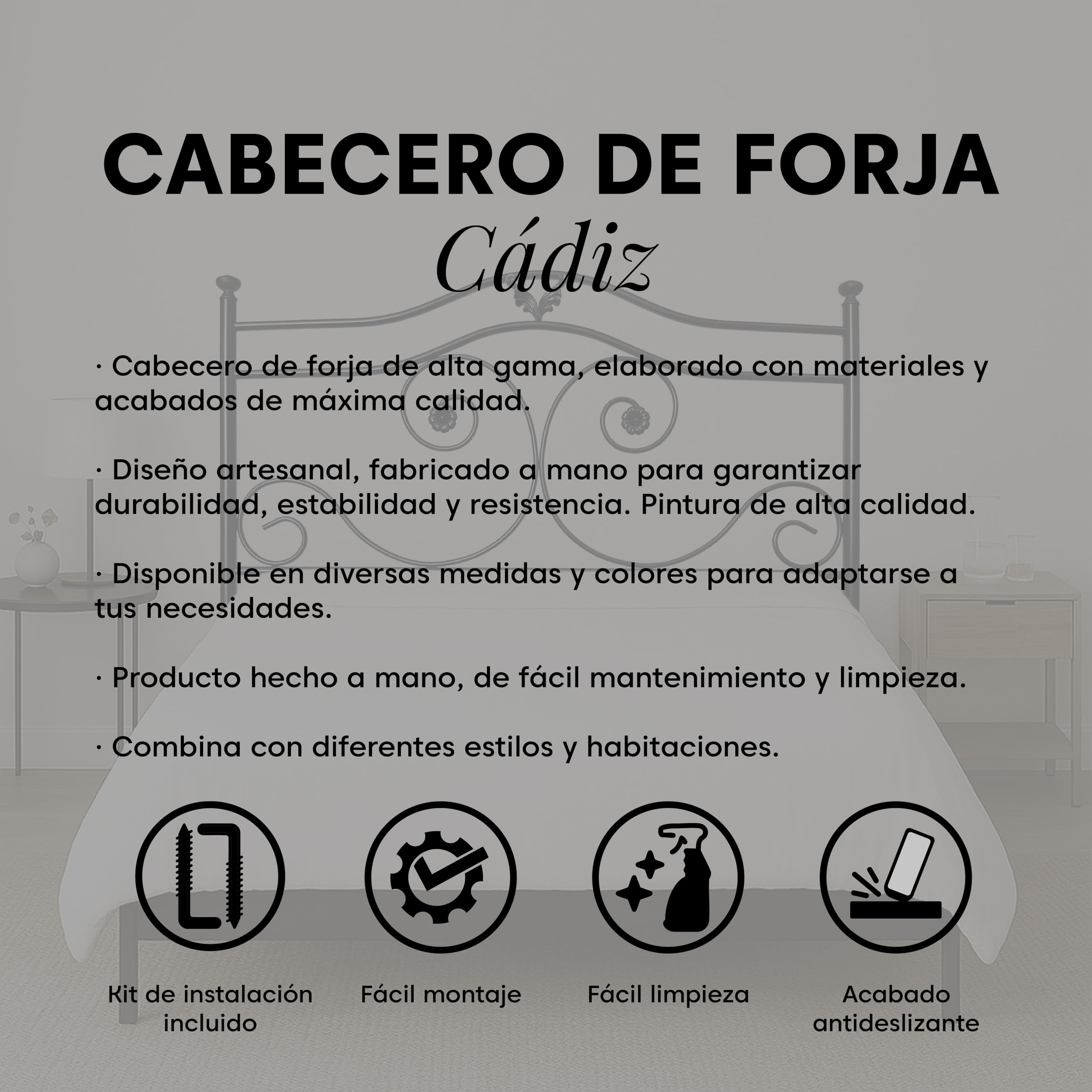 Cabecero Forja Cádiz, Cabezal para Cama, Cabecero, Cama Matrimonio e Individual, Cama De Hierro, Cabezal Forja, Cabecero Juvenil, Hecho En España (Negro, 135 cm)