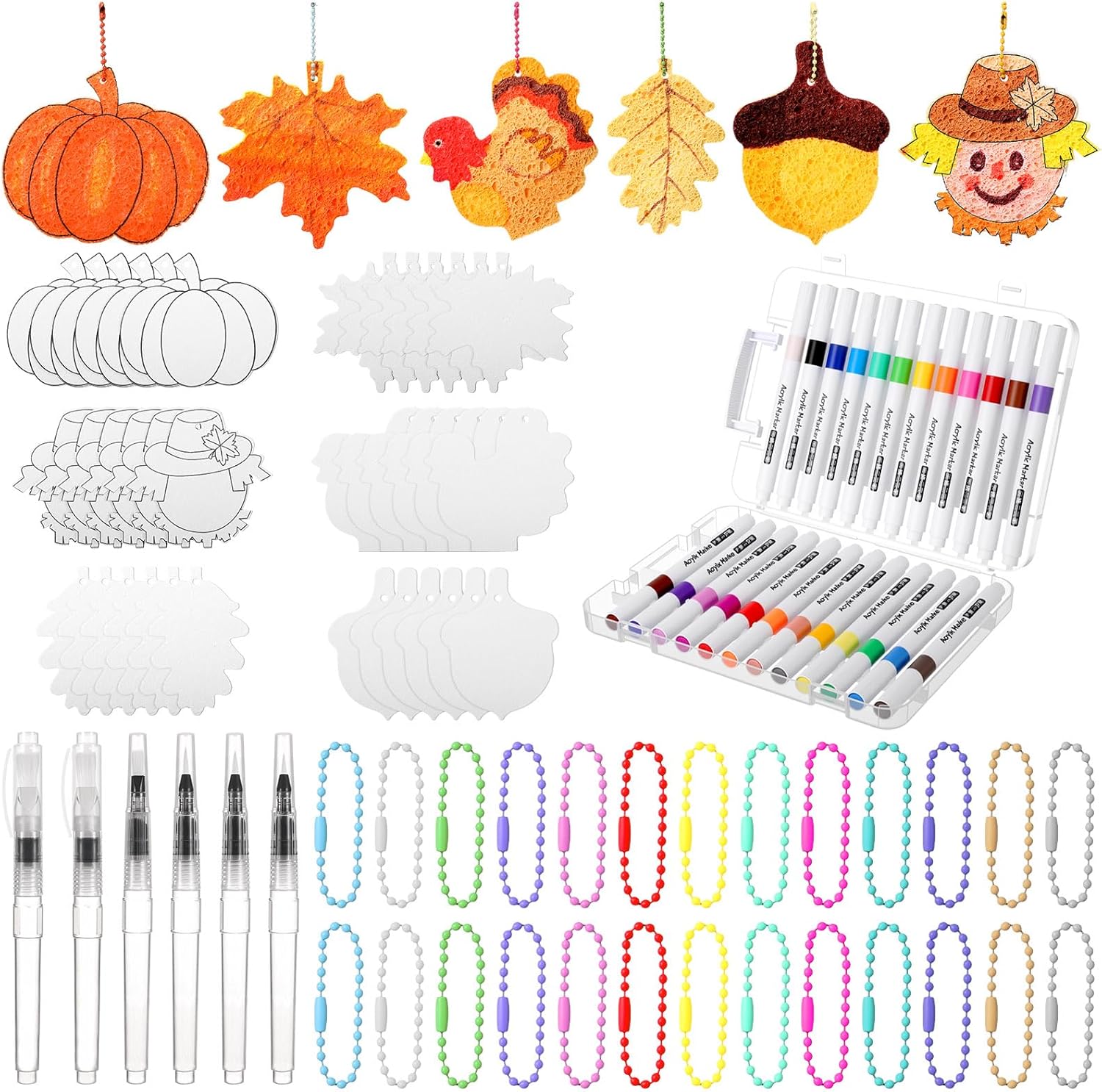 AmazingSpark 90 Pcs Thanksgiving Fall Craft - Magic Foam Texture Painting Kit Including 30 Pcs 3D Fall Foam Paper, 24 Acrylic Paint Markers, 6 Water Brush Magic Puffy Paint for Party DIY Supplies