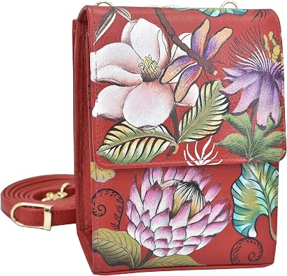 Anuschka Hand Painted Womens Genuine Leather Triple Compartment Crossbody Organizer - Flap Open Entry & Card Holders