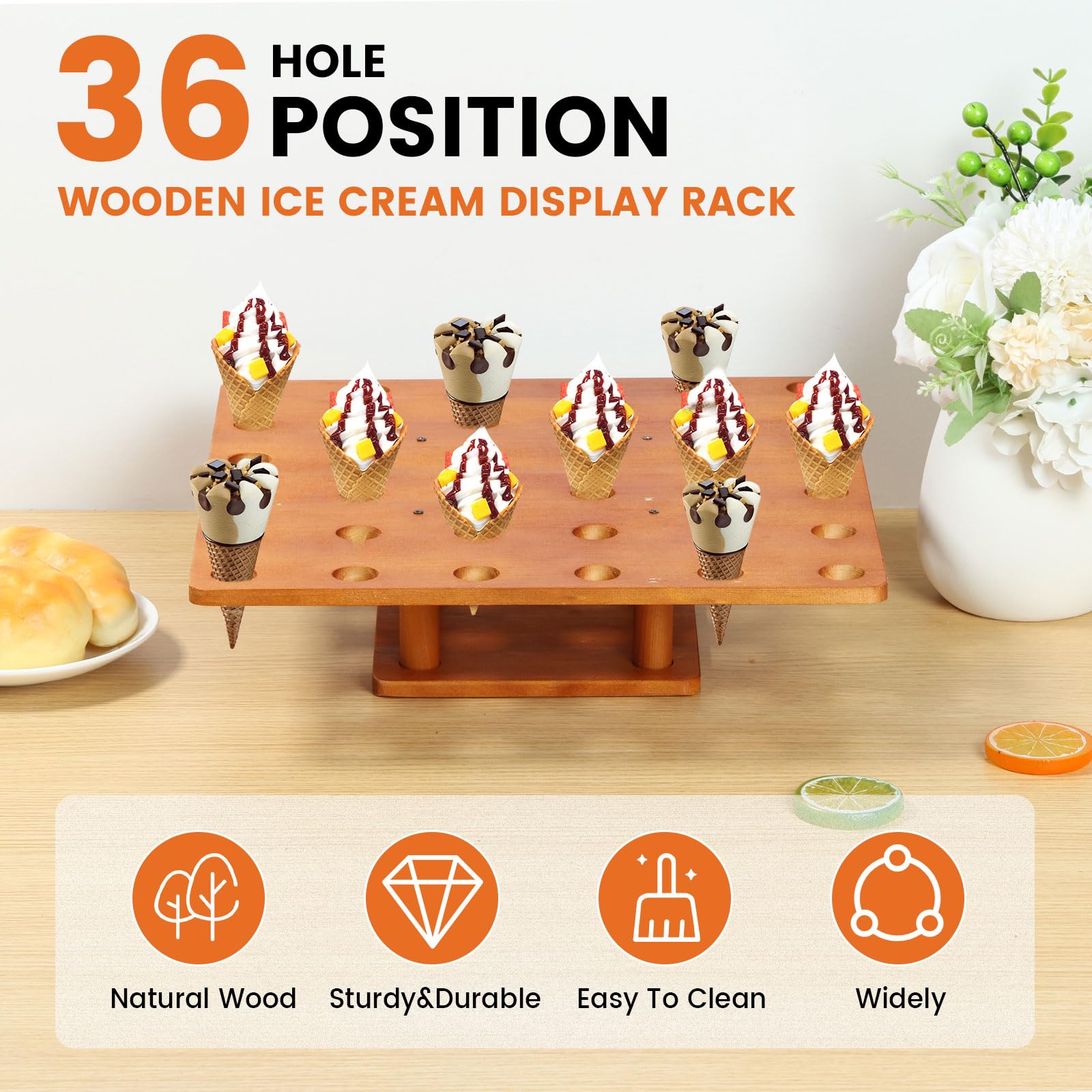 ZLHETWT 13 inch 36 Holes Wooden Ice Cream Cone Holder Stand Food Cone Stand Decorative Food Cone Display Stand Multipurpose Sushi Hand Roll Display Stand for Party Buffet Restaurant