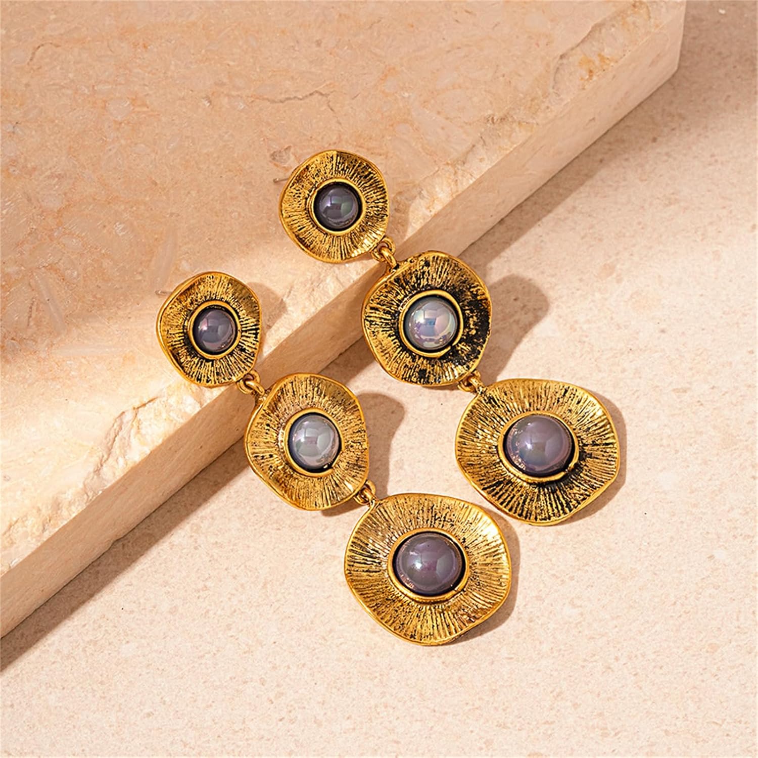 Gold Round Geometric Earrings for Women Boho Gold Pearl Dangle Earrings Handmade Trendy Statement Earrings Vintage Wedding Jewelry Gifts - Image 8