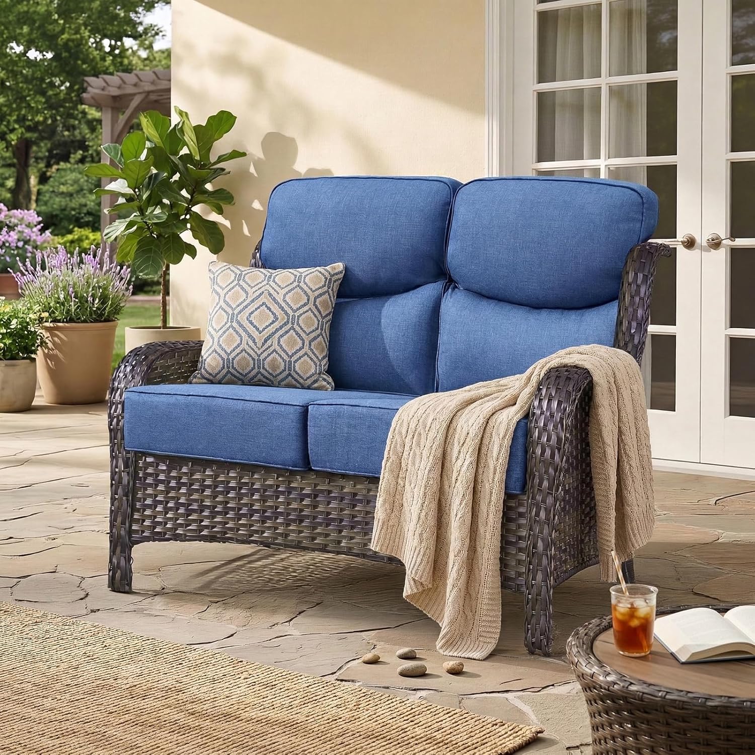 Luxury Patio 2-Seater Sofa Outdoor Loveseat with 6-Inch Smile Cushions - High Back Heavy Duty Comfortable Brown Wicker Rattan Furniture for Porch Balcony Deck Poolside Garden - Navy Blue