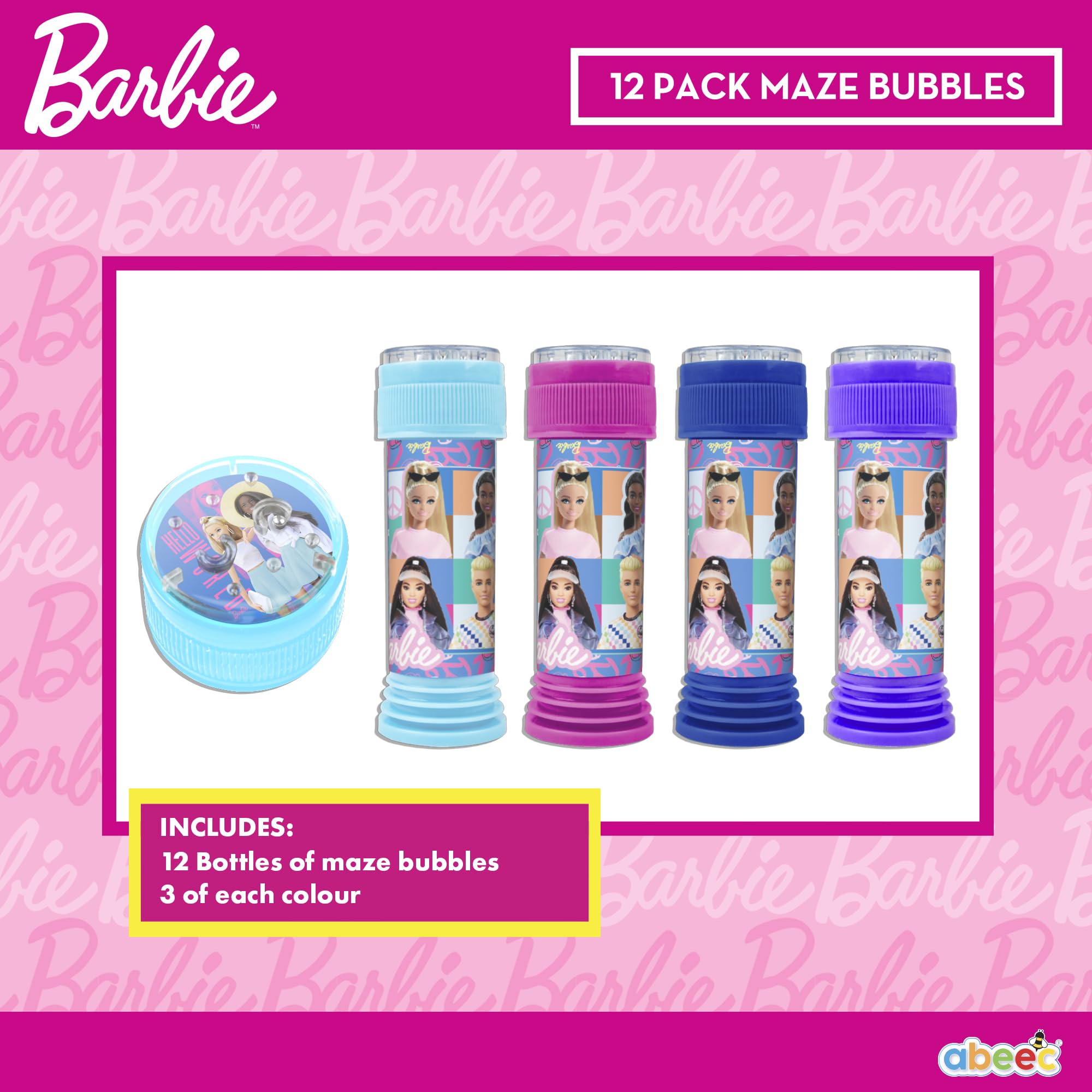 abeec Barbie Bubbles, 12 Pack Bubble Tubes With Wands, Barbie Party Bag Fillers, Interactive Maze Lid Game - Image 2