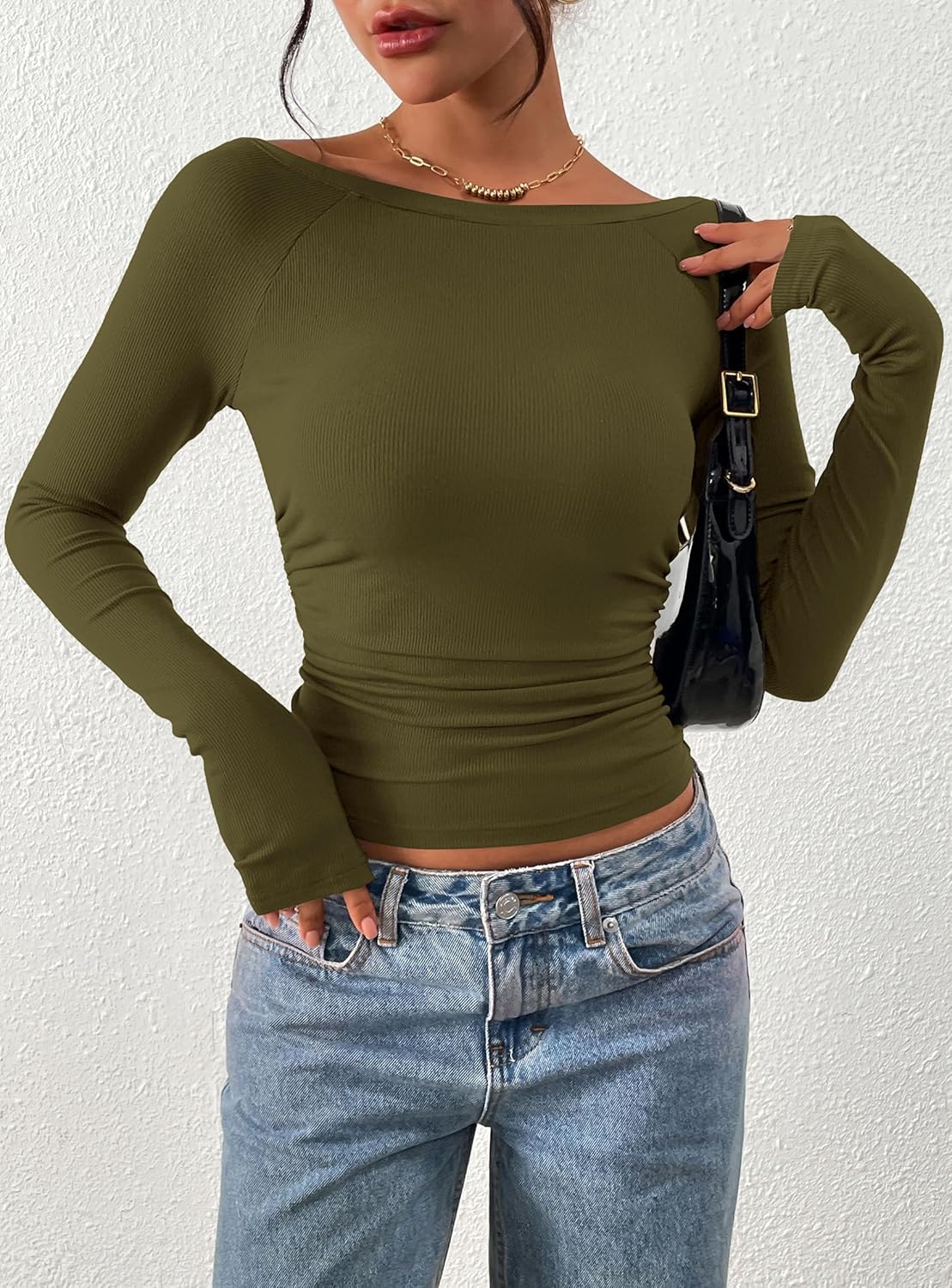 PRETTYGARDEN Long Sleeve Shirts for Women 2026 Fall Ruched Sides Boat Neck Basic Tee Casual Fitted Ribbed Knit Crop Tops - Image 2