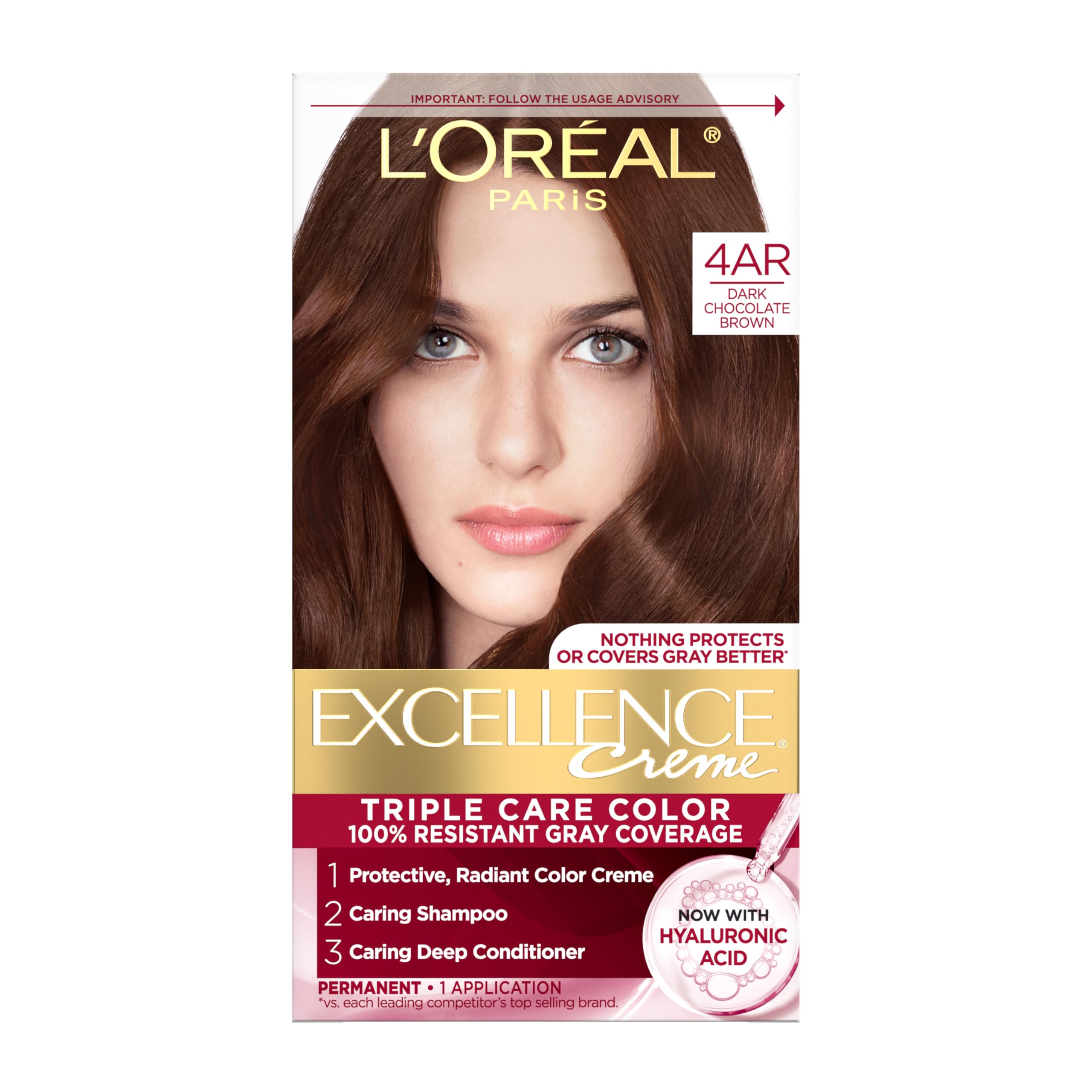 L'Oreal ParisExcellence Creme Permanent Triple Care Hair Color, 4AR Dark Chocolate Brown, Gray Coverage For Up to 8 Weeks, All Hair Types, Pack of 1