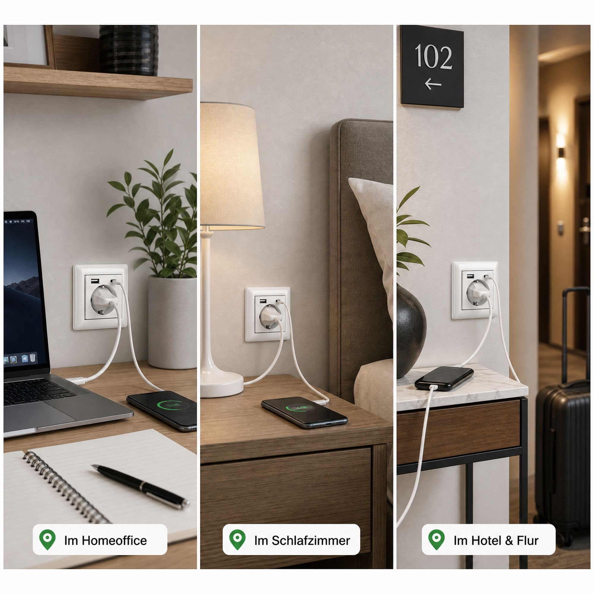 USB-Steckdose chargeMax unter Putz USB-A + USB-C mit Rahmen Ausführung 2USB, Tiefe nur 32mm, Set mit Abdeckung Gira S55 reinweiß glänzend