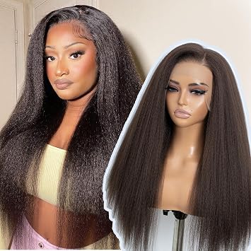 STYLE ICON Kinky Straight Lace Front Wig Pre Plucked 24 Inch Brown 13x6 Synthetic Lace Front Wigs for Black Women Long Yaki Synthetic Free Part Lace Wig Soft & Natural 6