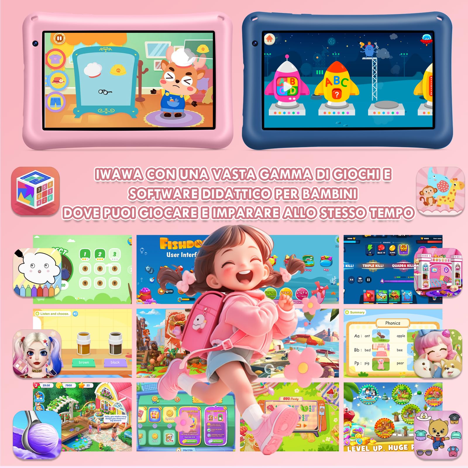 Tablet Bambini 7 Pollici Android 13 Octa Core 8GB RAM 64GB ROM Espandibile 256GB Schermo IPS Controllo Parentale Custodia Antiurto Rosa