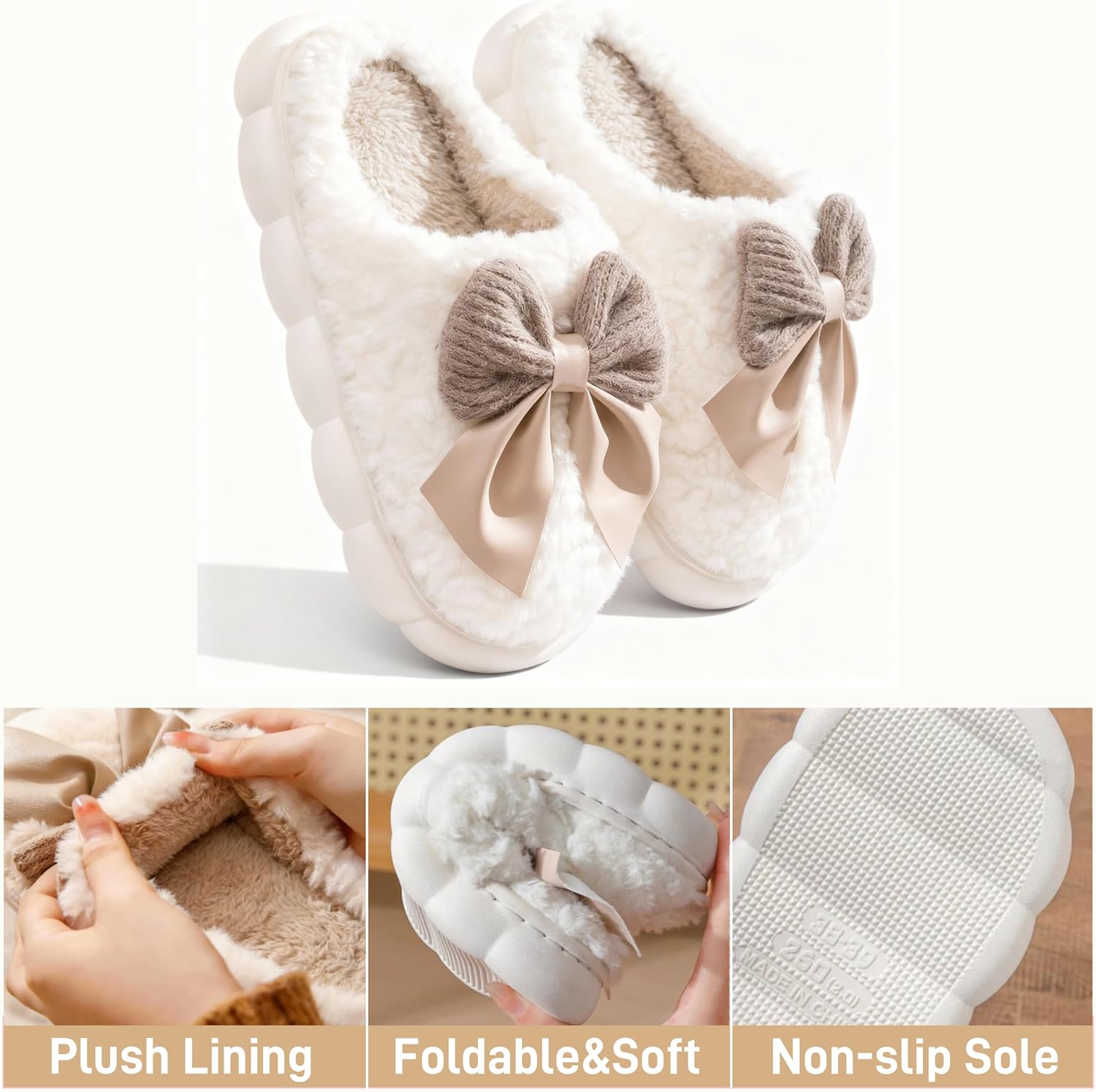 Cute Bow Slippers for Women, Womens Fuzzy Fluffy Cozy Indoor Outdoor House Slippers - Image 4