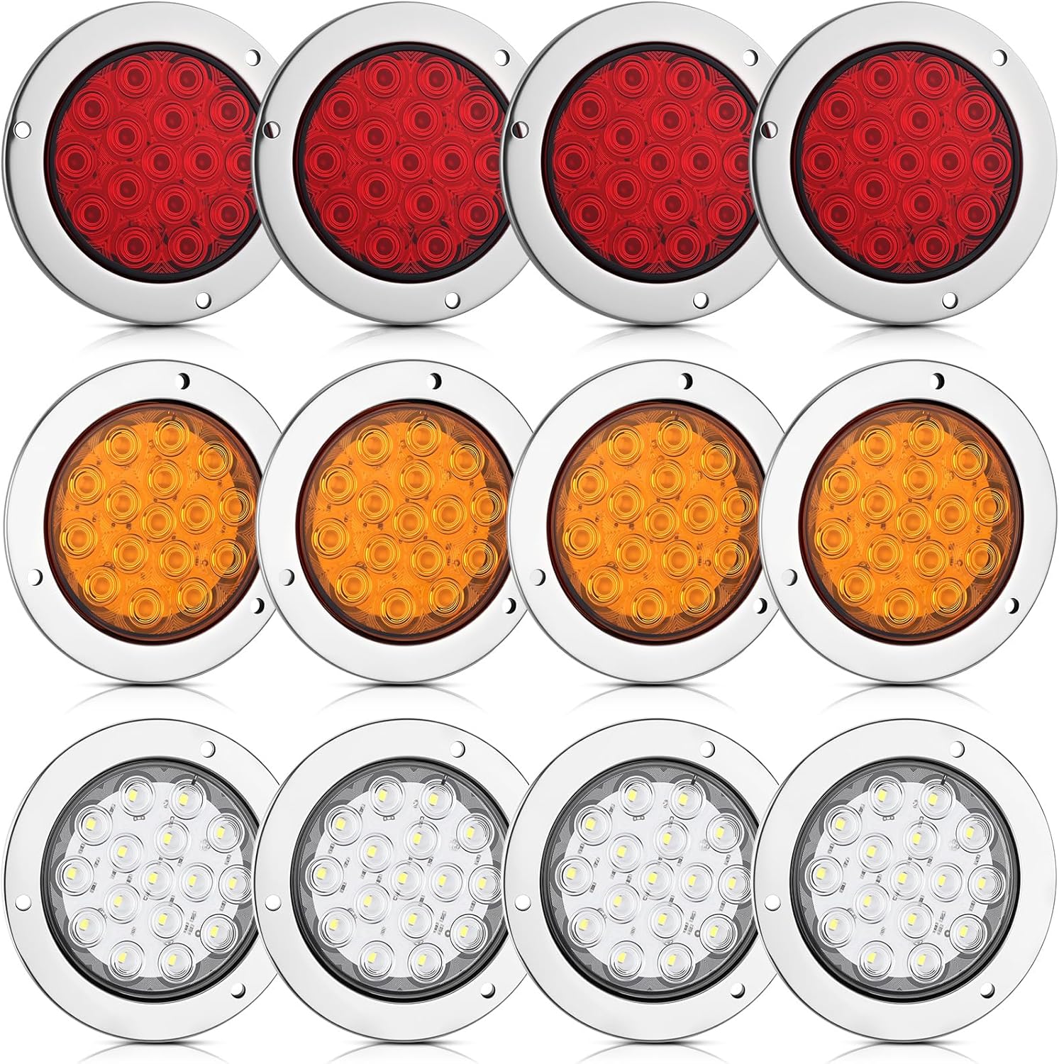 Riakrum 12pcs 4 Inch Round LED Trailer Tail Lights Kit 12 Red Round 16 LED Stop Turn Tail Backup Reverse Trailer Lights for Truck RV Flat Bed Camper