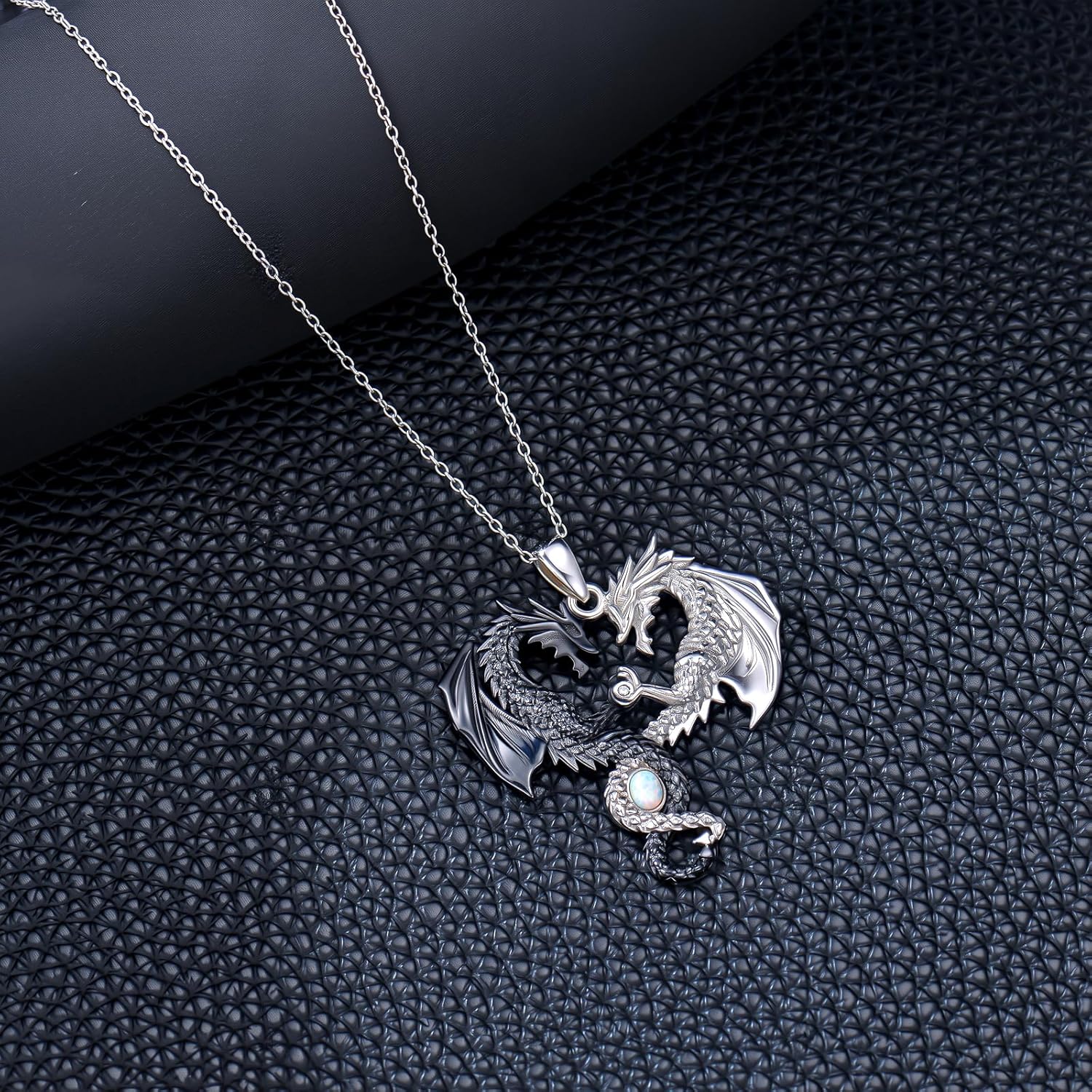 Dragon Necklace with Opal 925 Sterling Silver Two Dragon Pendant Necklace with Genuine Diamond Animal Jewelry Gift for Women Men - Image 5