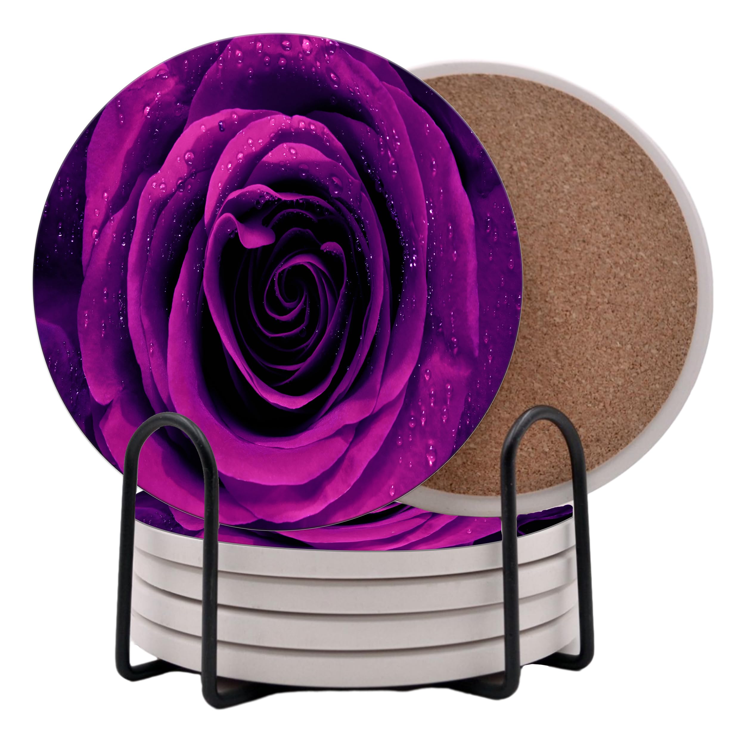 Roses Purple Rose Round Coasters Set of 6 - Abosrbent Ceramic Coasters with Metal Stand for Drinks, Coffee, Non-Slip Cork Back for Tabletop Protection