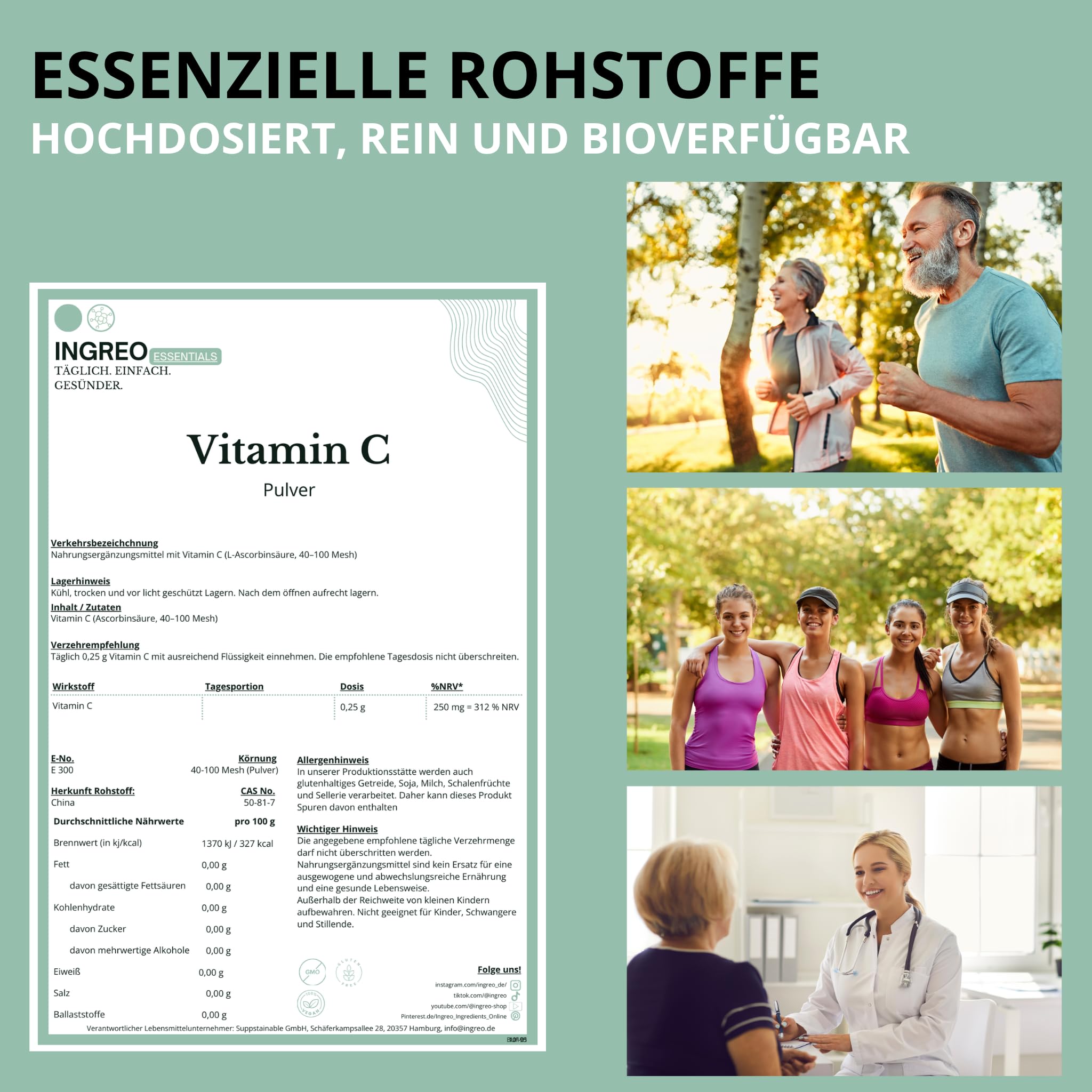 Vitamin C Pulver (Ascorbinsäure, 40–100 Mesh) – 100% rein ohne Zusätze | Hochdosiertes Antioxidans, vegan | Abgefüllt in Hamburg nach HACCP-Standard (10kg (10x1kg))