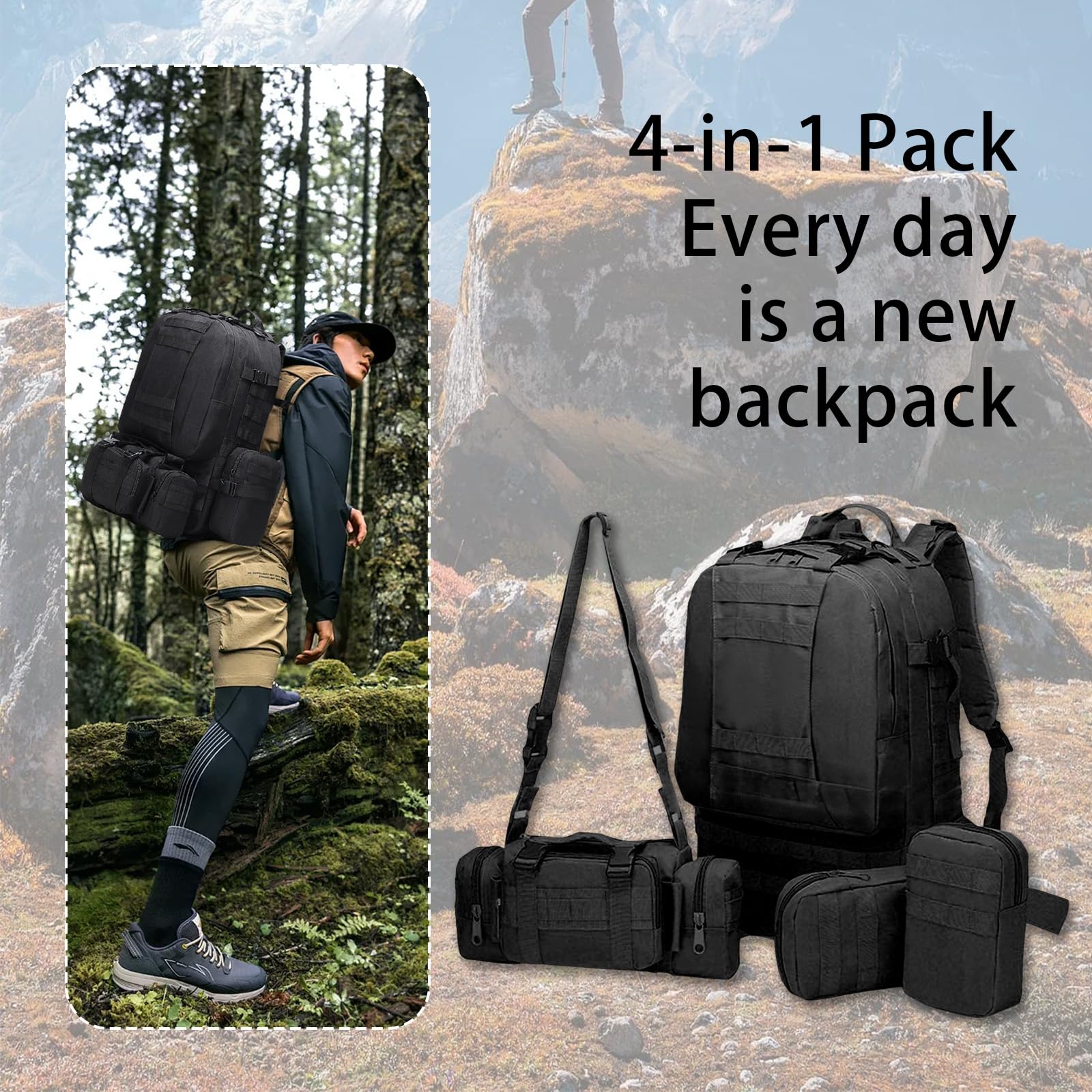 Sac A Dos Militaire 60L Tactique MOLLE Détachable Randonnée Voyage Multifonction Homme