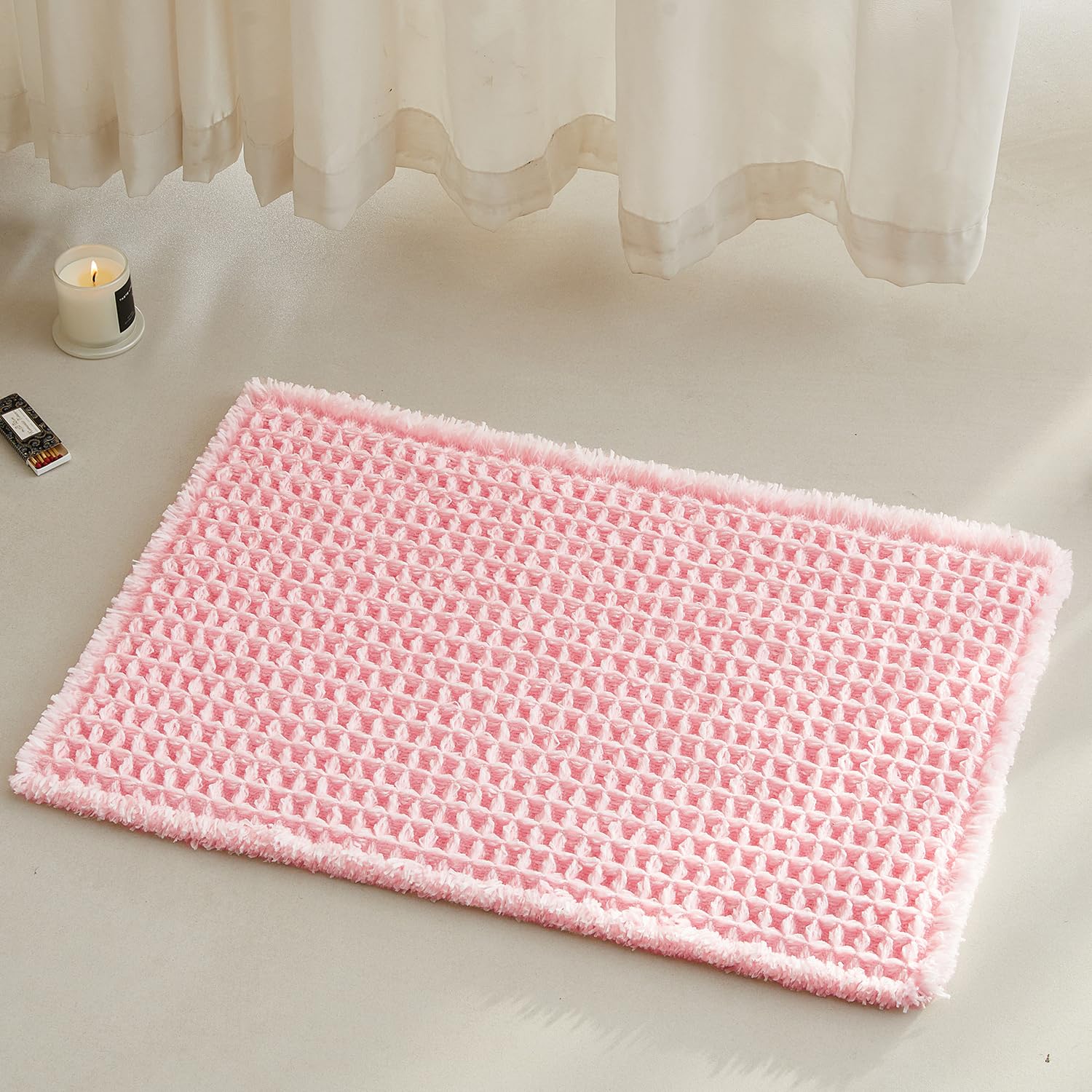 TYUU Waffle Bath Mat, Small Cute Bathroom Rug, 24x16 Light Peachy Pink