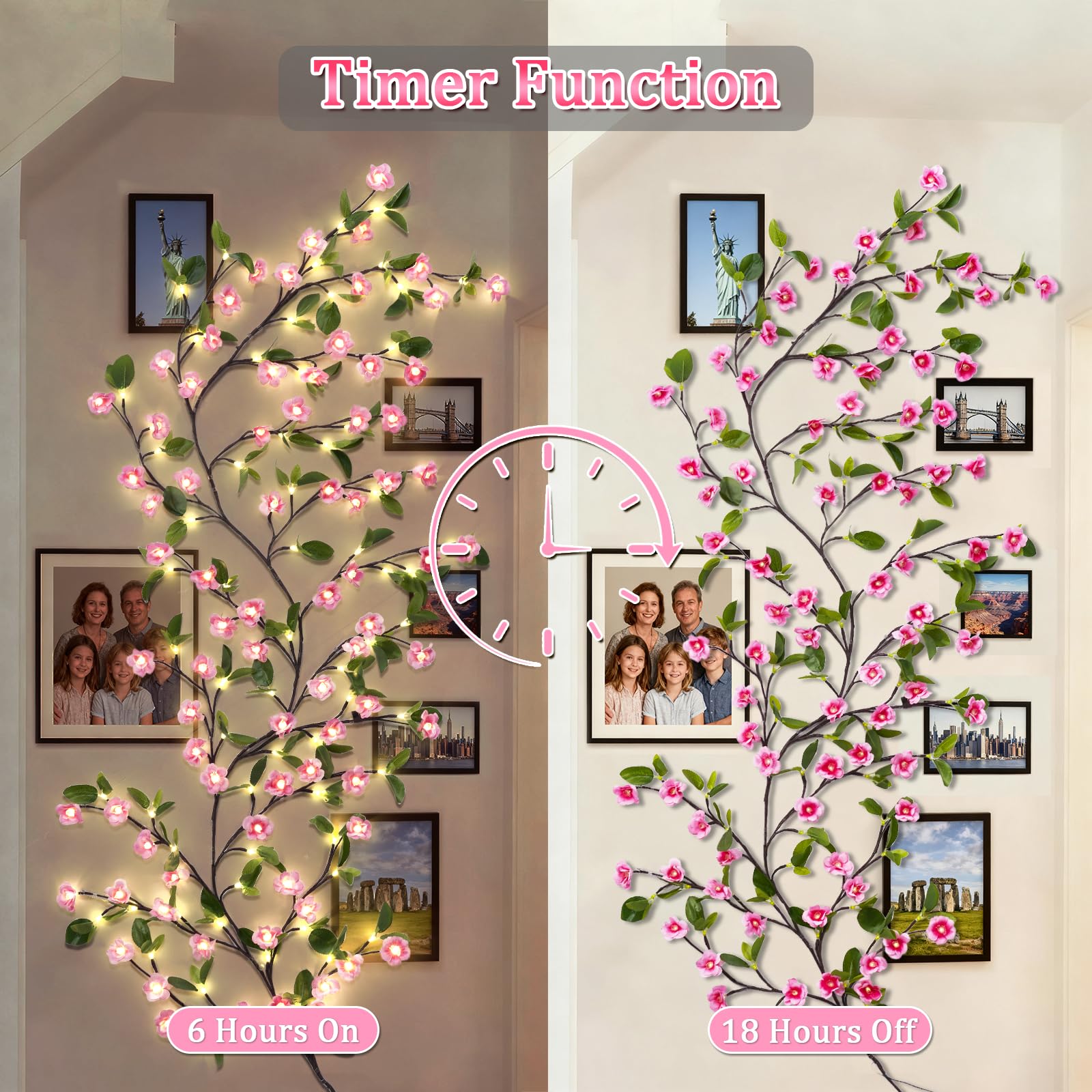 VIMAZ LED Cherry Blossom Tree Branch Lights for Wall,Cherry Blossom Light with Remote,Timer,8 Lighting Modes (2.3m 144LED(with Leaf)) - Image 3