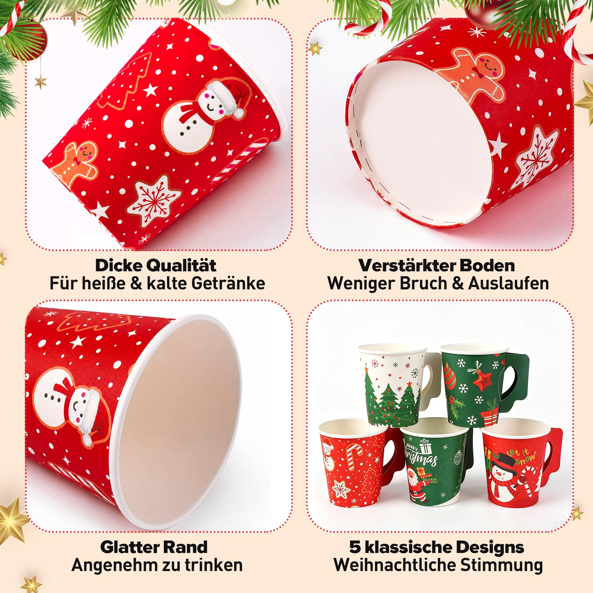 Aodaer 200 Stück 8oz Weihnachts-Pappbecher mit Henkel
