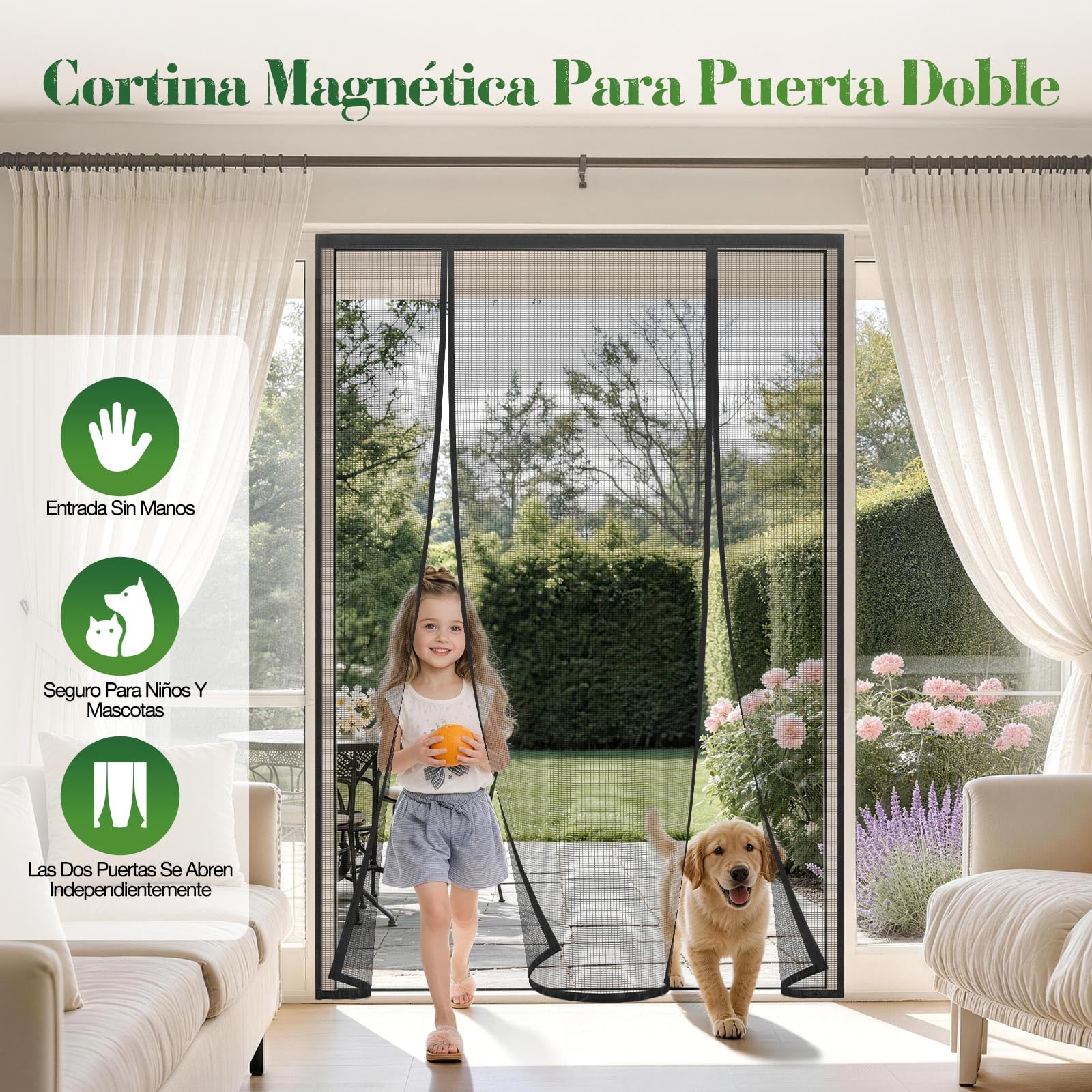Mosquitera Puerta Magnética 200x210 cm Doble Puerta, Cortina Antimosquitos Malla Resistente, Cierre Automático, Sin Taladrar, para Balcón, Cocina, Puerta Corredera y Terraza, Negra