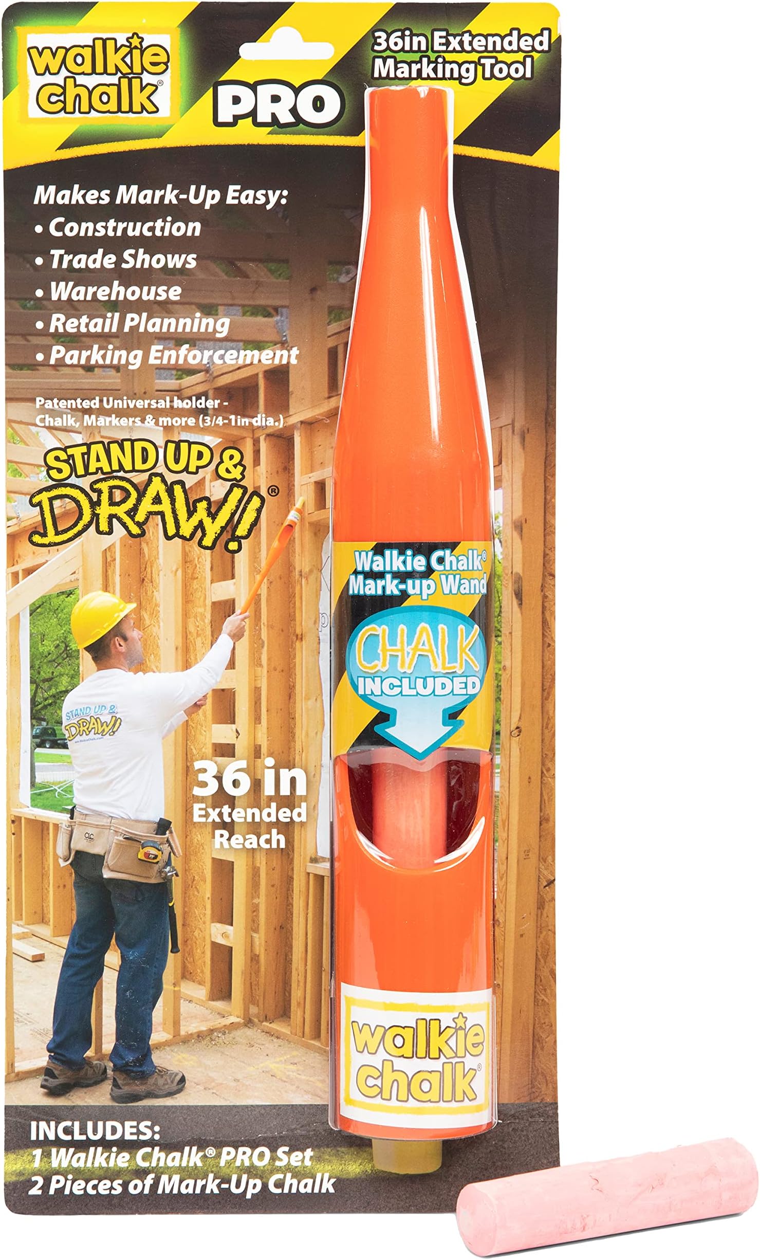 Walkie Chalk PRO Chalk Holder - Stand-Up Chalk Marker Set, 36 Inch Extended Reach, Easy Mark-Ups for Construction Sites, Trade Shows, Warehouses, Retail Planning, Use with Any 3/4-1in Chalk or Marker