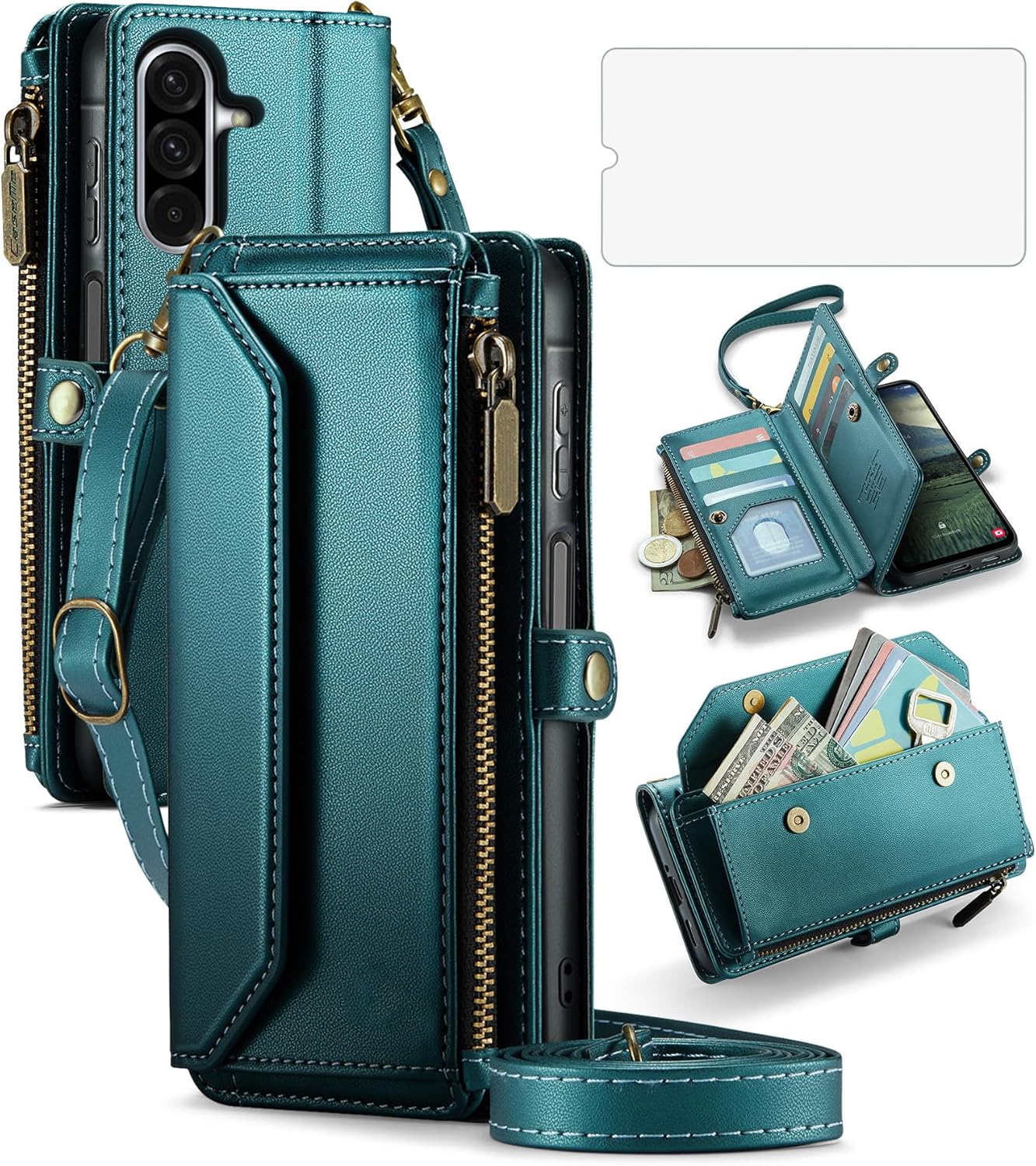 Asuwish Phone Case for Samsung Galaxy A17 5G Zipper Wallet Cover with Tempered Glass Screen Protector and Leather Flip RFID Blocking Credit Card Holder Cell Accessories A 17 17A 4G Women Girls Green