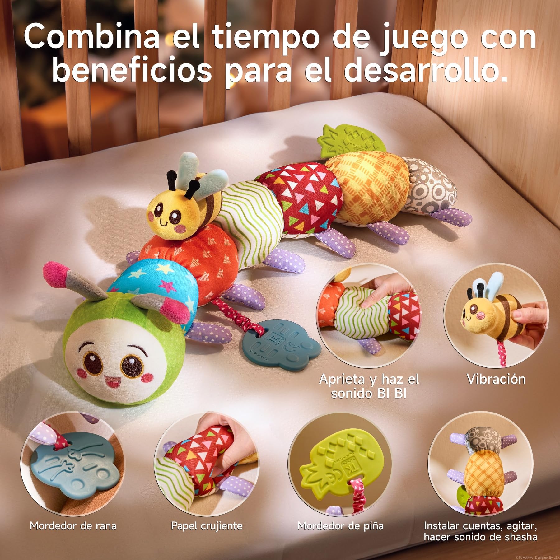 TUMAMA KIDS Juguetes para Bebé 0 3 6 Meses Juguete Oruga, Juguete Sensorial Montessori, Juguete para Bebé Niña Tummy Time, Juguete de Peluche con Sonajero，Anillo para la Dentición, Papel Arrugado