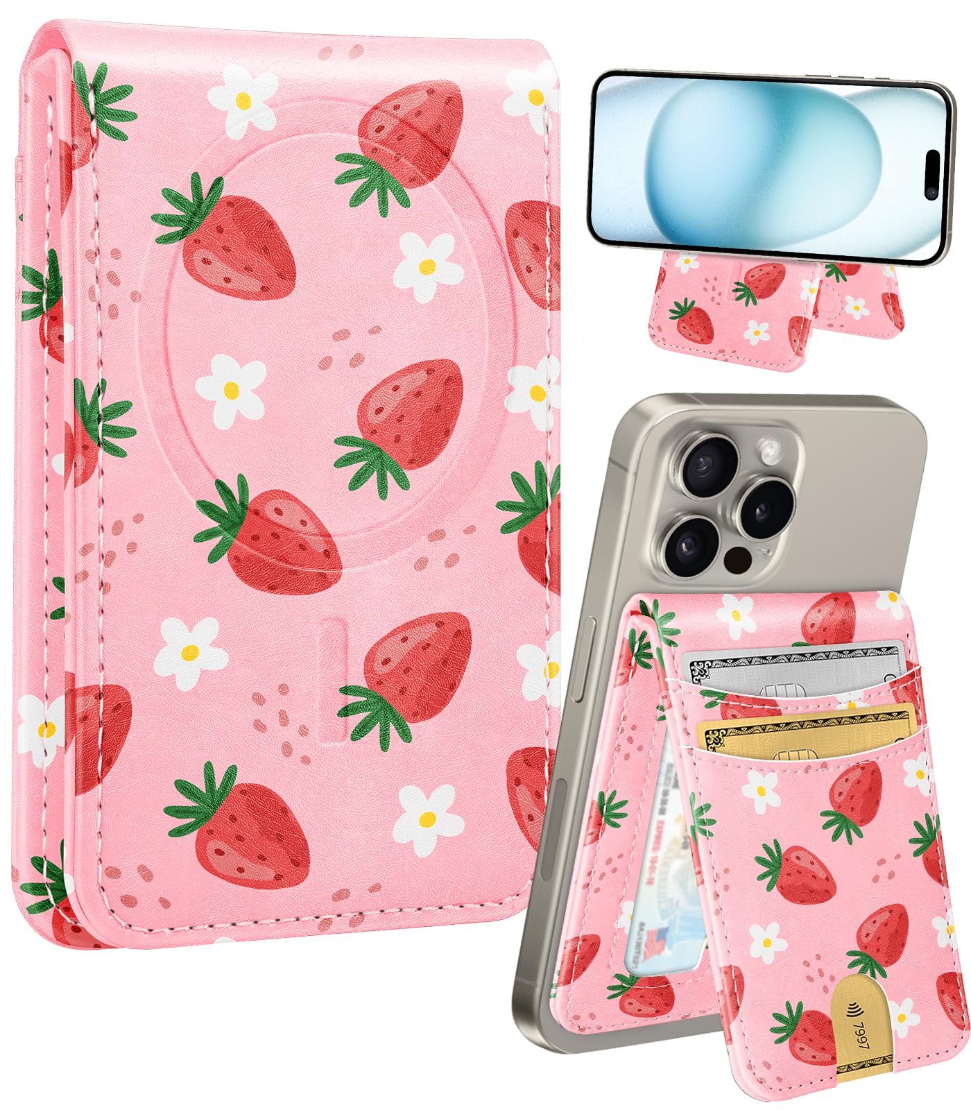 Shorogyt Compatible with Magsafe Wallet for Magnetic Card Holder for Women - Cute Phone Wallet for iPhone 17/16/15/14/13/12 Series,RFID Blocking Stand Printed Leather Fit 5 Cards,Strawberry Flower