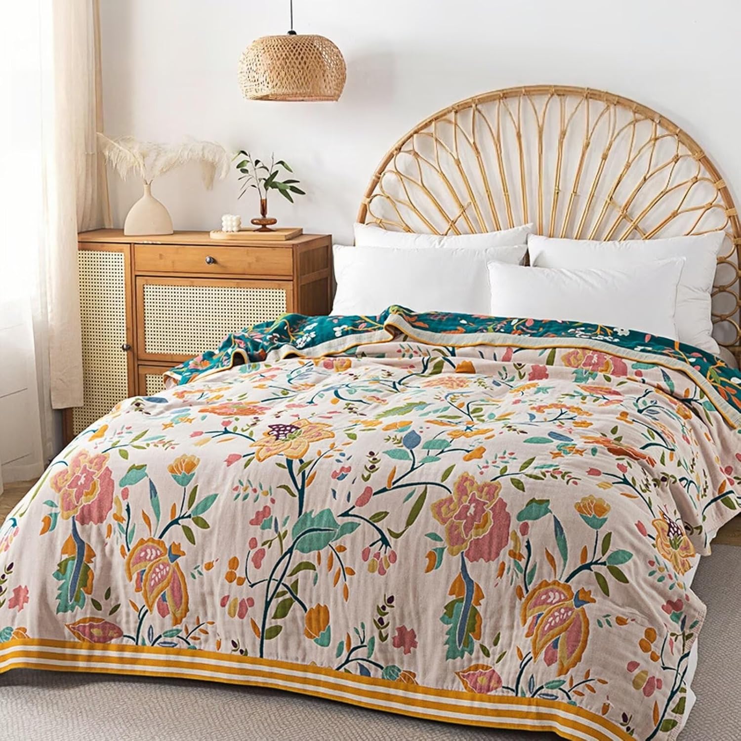 Spring Boho Throw Blanket, Reversible 100% Cotton Ultra Soft Rustic Quilt, Multi-Function Decorative Muslin Throws for Sofa Bed Armchair Camping Blanket,Beige,60"x80" - Image 3