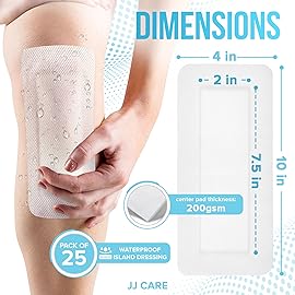 JJ CARE Waterproof Adhesive Island Dressing [Pack of 25], 4 x 10 Sterile Bordered Gauze, Breathable Island Wound Dressing, Individually Wrapped Adhesive Gauze Bandages with Non-Stick Central Pad