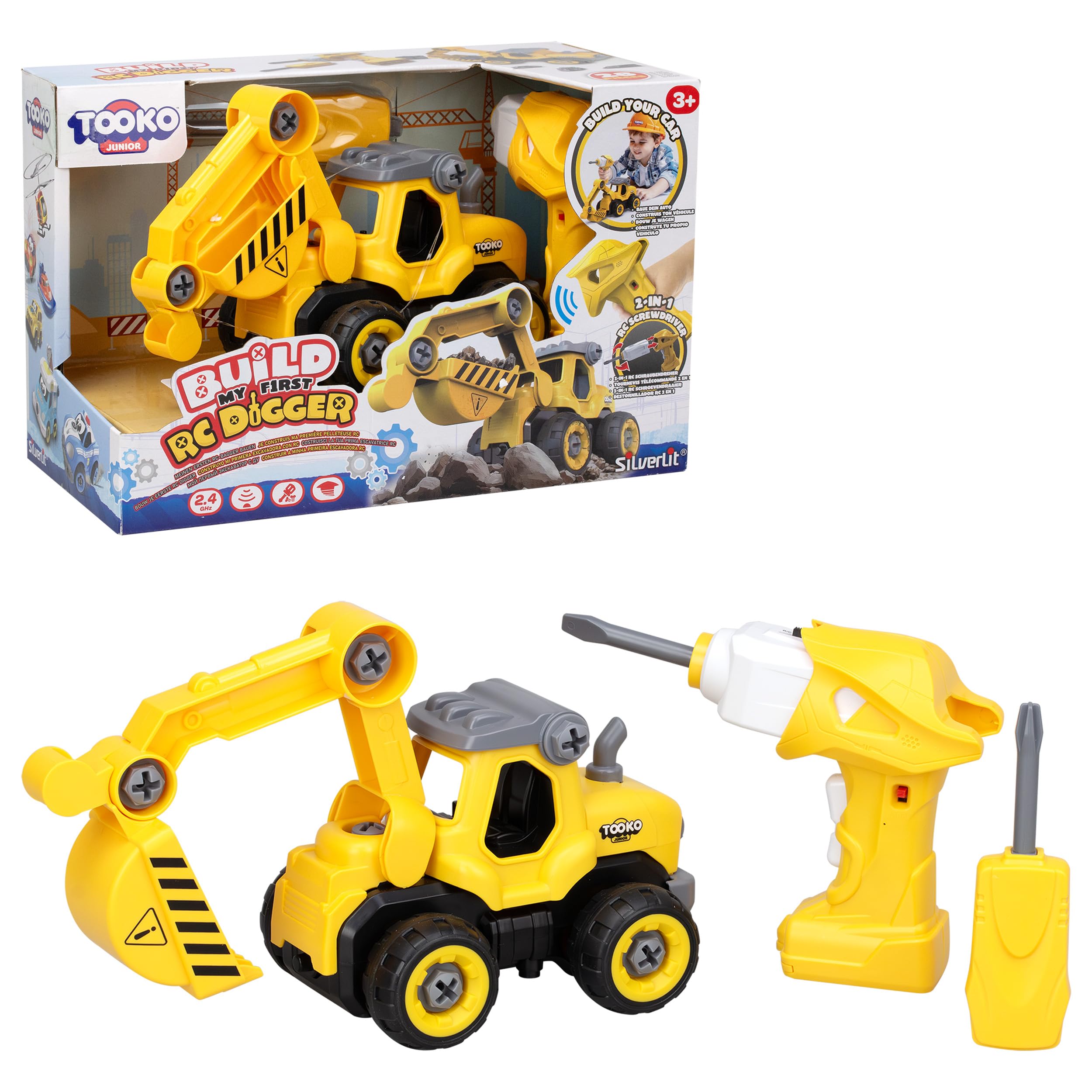SilverLit Tooko Build My First Digger Construction Set Build and Drive RC Car Toy with 28 Parts Powered Screwdriver and Remote Control STEM Learning Remote Control Car Toy for Toddlers Ages 3+