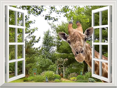 Miniatura 2 de wall26 Calcomanía de pared creativa extraíble Una jirafa curiosa que pega su cabeza en una ventana abierta, bonito y divertido mural de pared 24 x