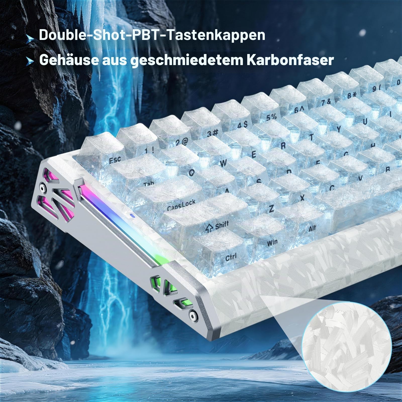 ATTACK SHARK R68 HE 8000Hz Rapid Trigger Tastatur, 0,005mm RT Genauigkeit, kabelgebundene Gaming-Tastatur, Carbonfaser-Oberfläche & Tasten, CNC-Aluminium-Seiten, RGB, C01 Coiled Kabel, Ice Ninja