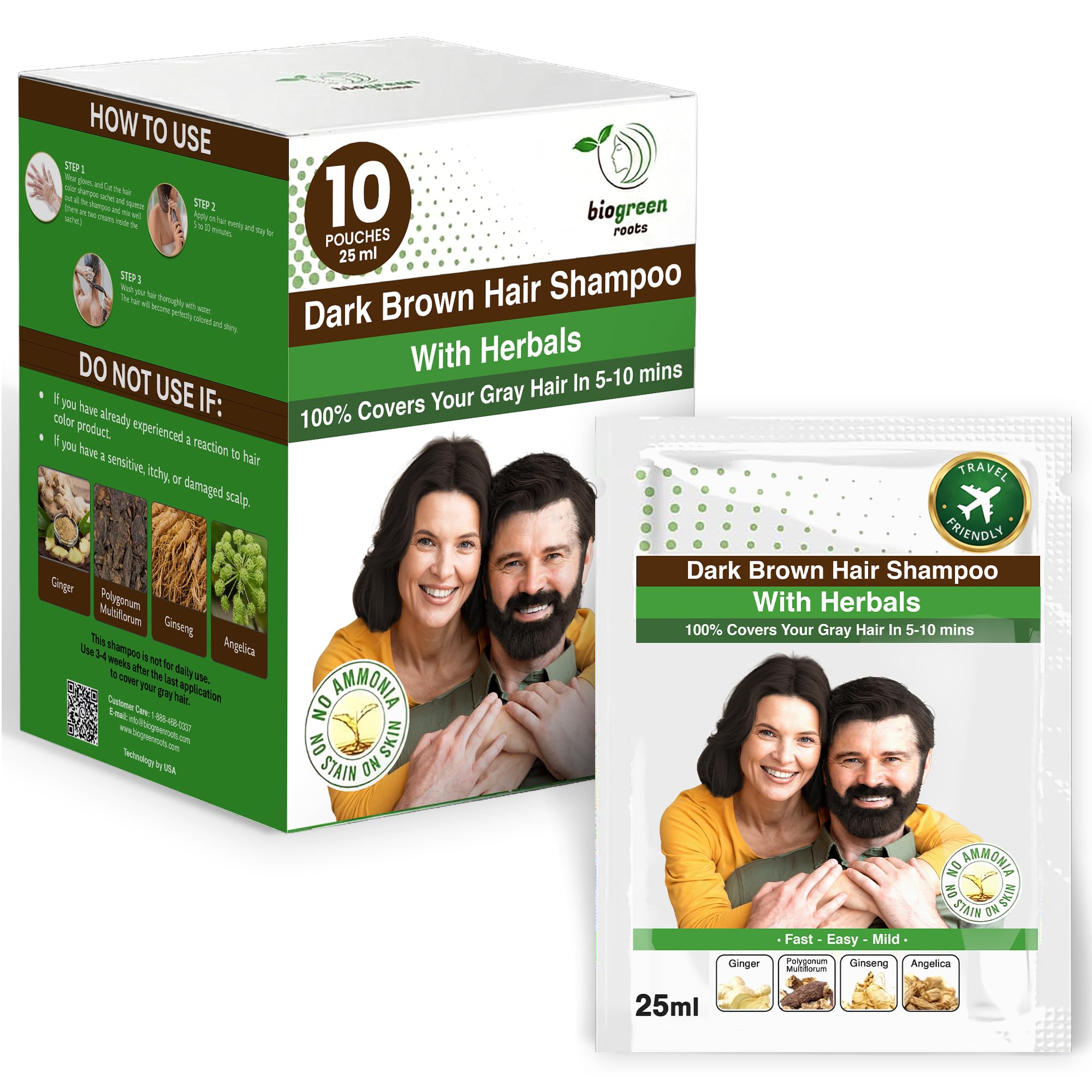 Ammonia-Free & Paraben-Free Herbal Hair Dye Shampoo for Women & Men – Natural Color Haircare Wash for Gray Coverage, Nourishing Shampoo for Color Care – Dark Brown (10 sachets x 25ml)