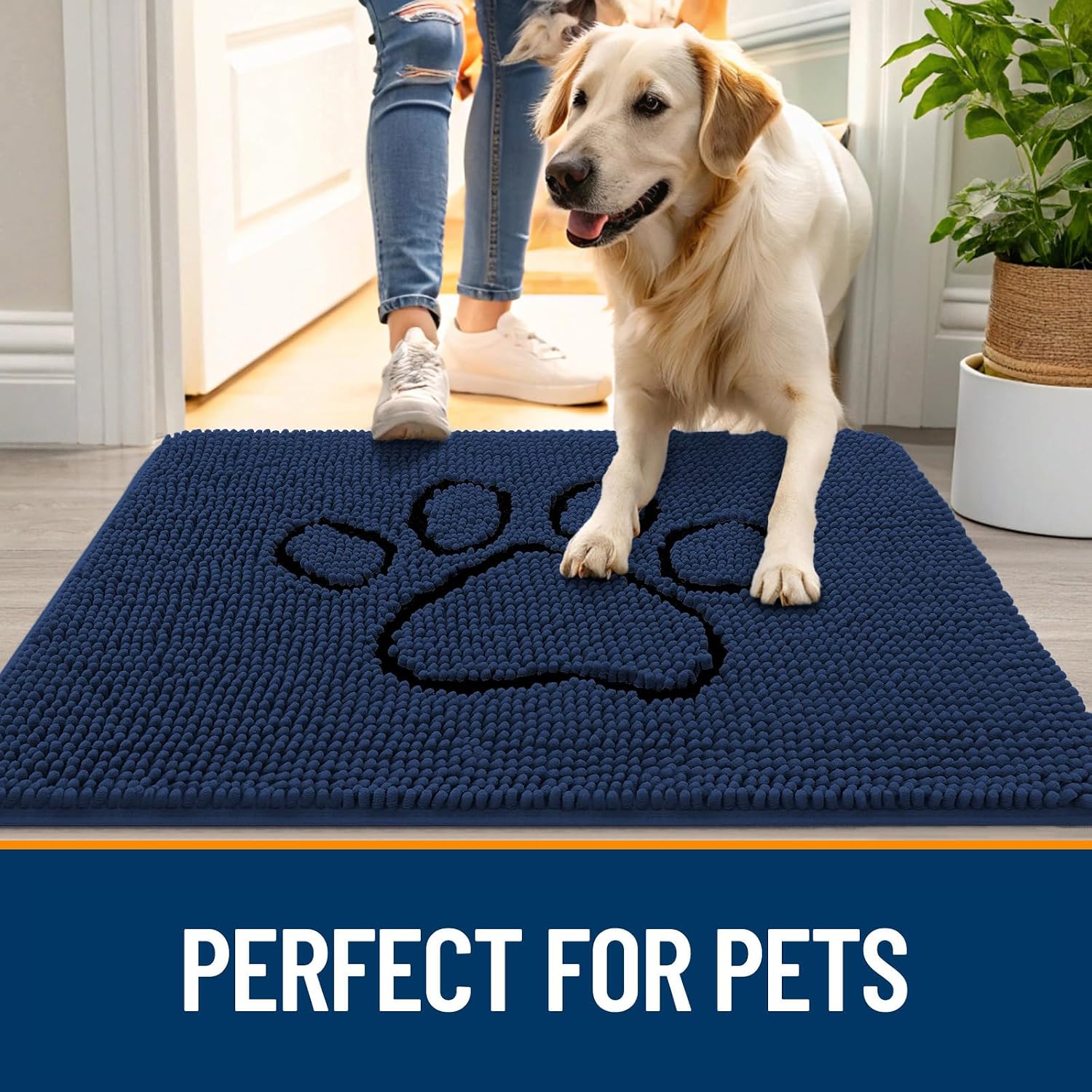 OLANLY Dog Door Mat for Muddy Paws 30x20, Paw Print Design, Absorbs Moisture and Dirt, Absorbent Non-Slip Washable Doormat, Quick Dry Chenille Mud Mat for Dogs, Entry Indoor Entryway Carpet, Dark Blue thumbnail