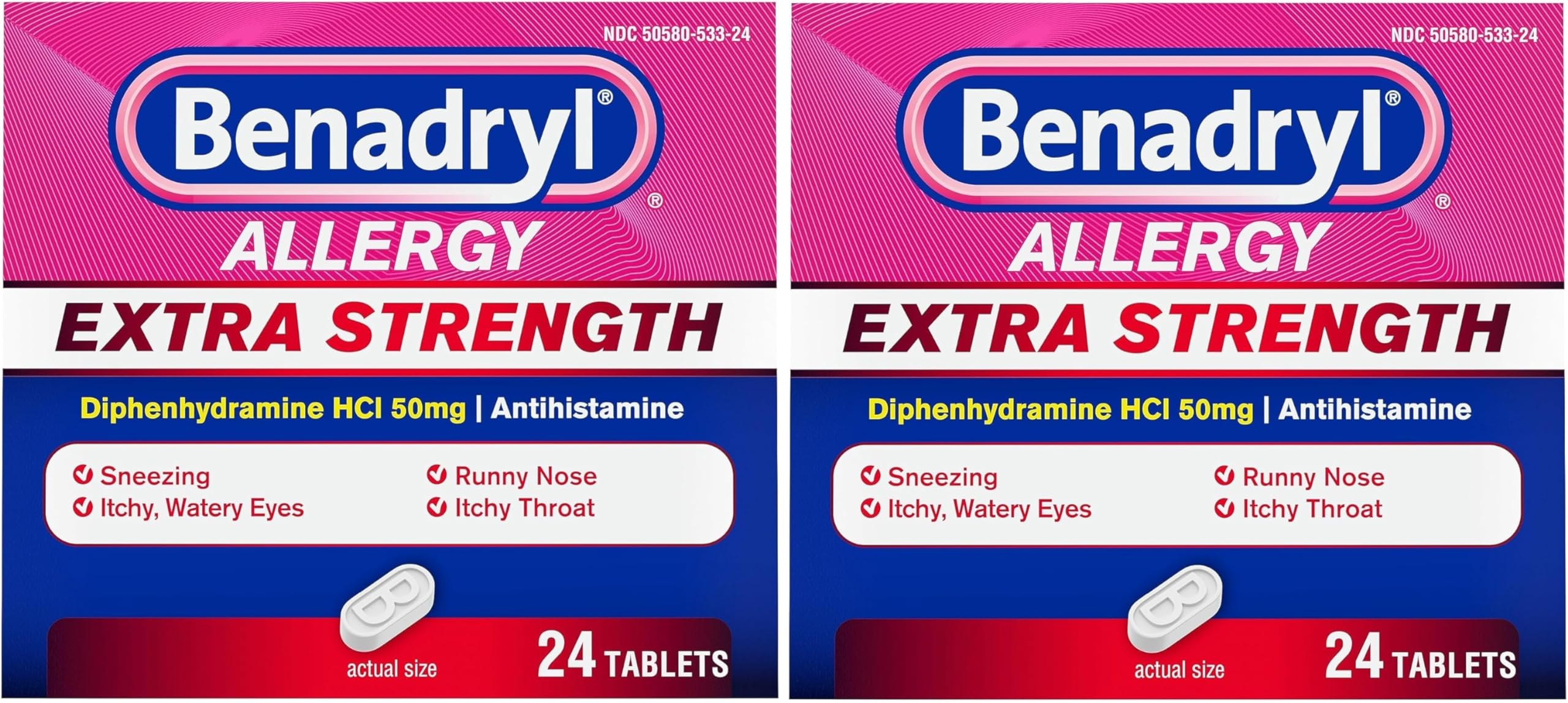 Benadryl Extra Strength Antihistamine Allergy Relief Medicine, 50 mg Diphenhydramine HCl Tablets for Relief of Allergy Symptoms Due to Hay Fever or Other Upper Respiratory Allergies, 24 ct (Pack of 2)