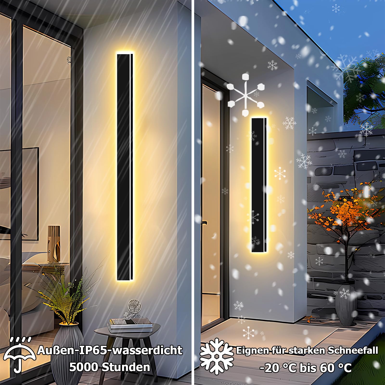 1Stück 80cm Außenwandleuchten, 3000K-6000K Dimmbare Außen LED Wandleuchte für Garage und Vordertür, Schwarz Lange Außenwandlampe IP65 Wasserdicht für Villa Schlafzimmer, Wohnzimmer Innen