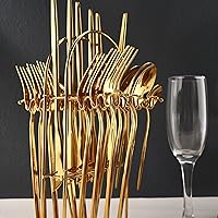 Vista 6 de JASHII Juego de cubiertos de 24 piezas con tenedores y cucharas con soporte, juego de cubiertos de metal de titanio negro y chapado en oro, acero