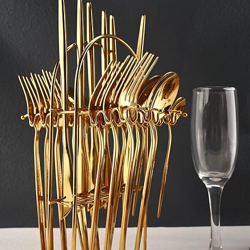 Miniatura 6 de JASHII Juego de cubiertos de 24 piezas con tenedores y cucharas con soporte, juego de cubiertos de metal de titanio negro y chapado en oro, acero