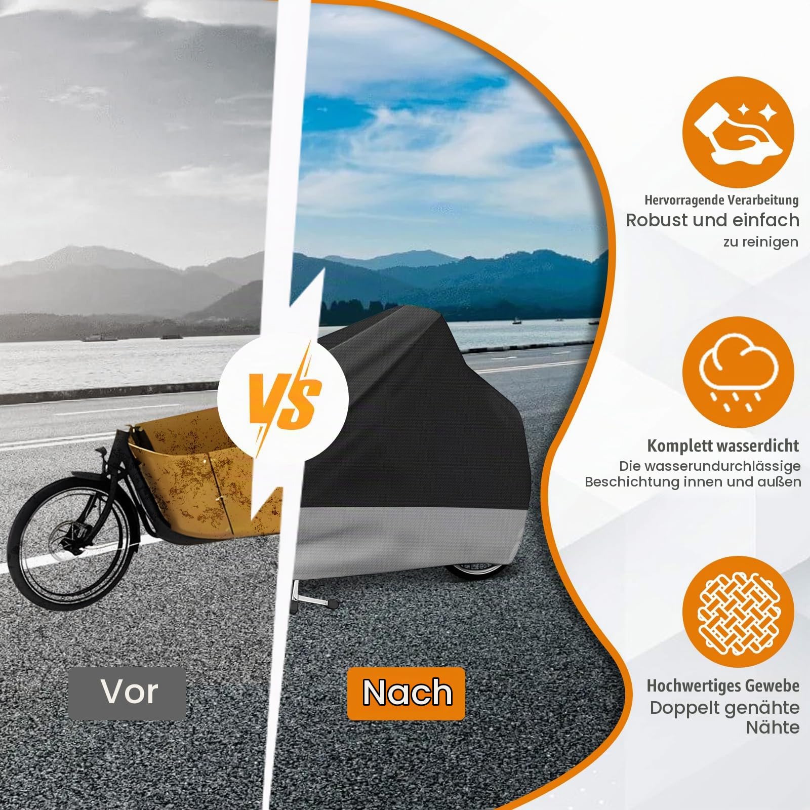 Lastenfahrrad Abdeckung, Cargo Bike Schutzhülle, Fahrradabdeckung wasserdicht aus 420D Oxford-Gewebe für einspurige Lastenräder, Regensichere, UV-beständige und reißfeste, 285x65x115 cm