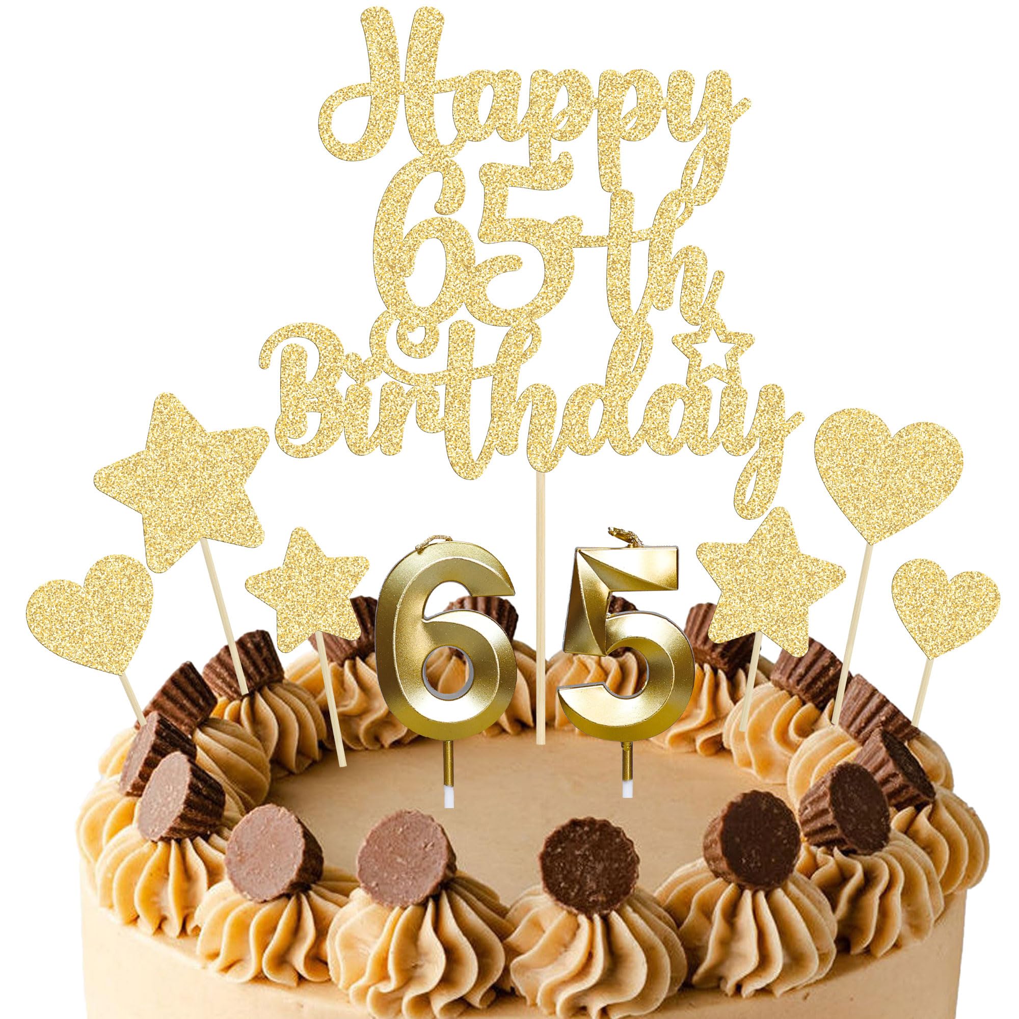 Gyufise 15Pcs Happy 65th Birthday Cake Topper Set with Heart Star Glitter Cheers to 65 Years Cake Picks Number 65 Candles Cake Decorations for Happy 65th Birthday Anniversary Party Supplies Gold