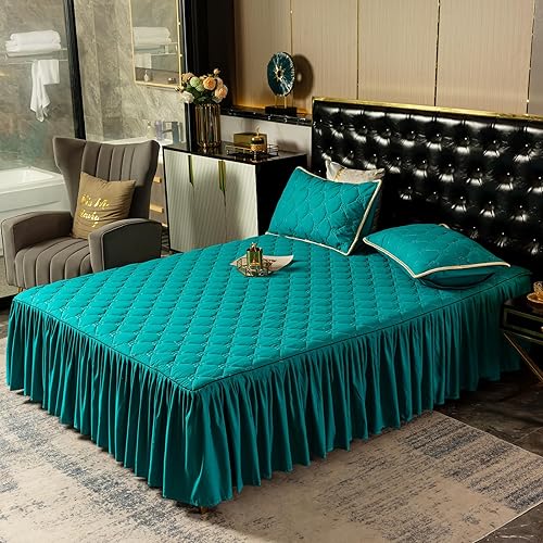 Miniatura 3 de Falda de cama verde oscuro, faldas de cama tamaño King, 78 x 80 pulgadas, sábana bajera ajustable con volantes, clip de algodón de 18 pulgadas,