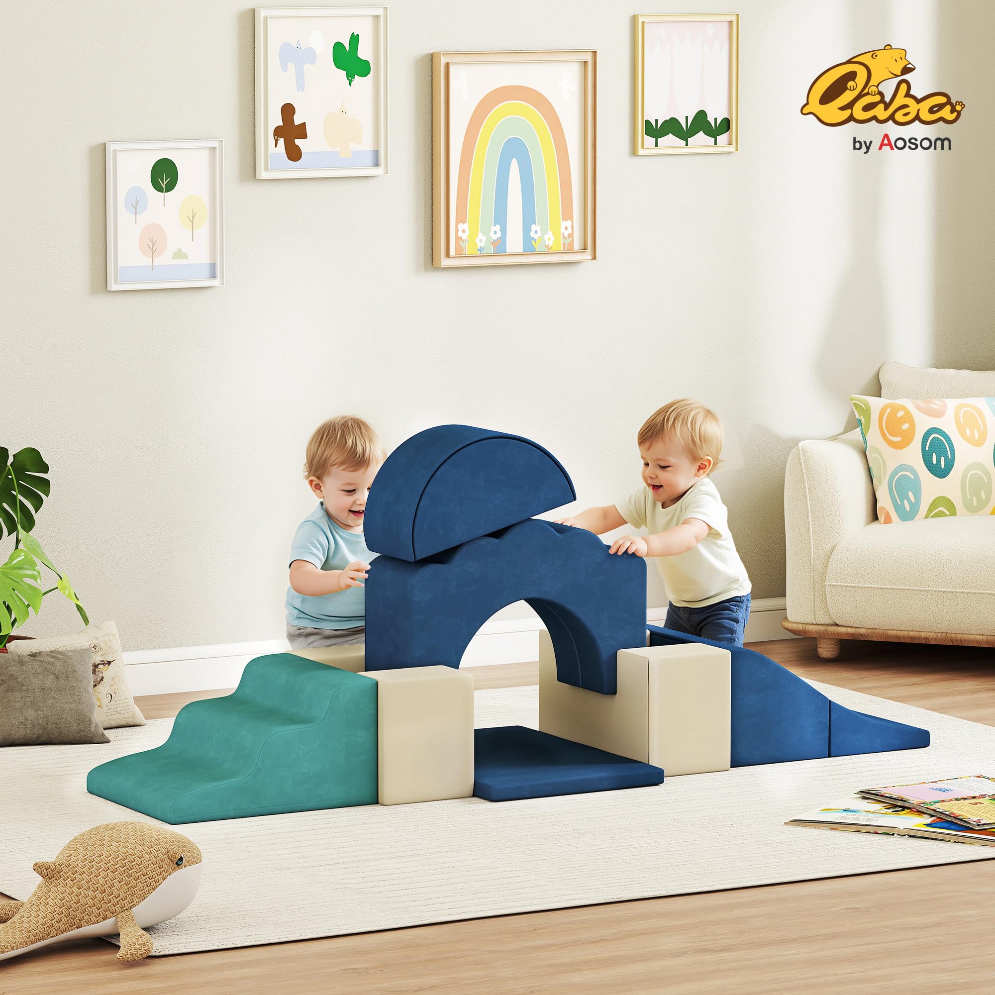 AIYAPLAY Kinder Schaumstoff Bausteine 7er Set Softbausteine Riesenbausteine Klettern Spielsofa Großbausteine mit Samtoptik Modulares Bausteine-Sofa Baby Kletterspielzeuge Dunkelblau
