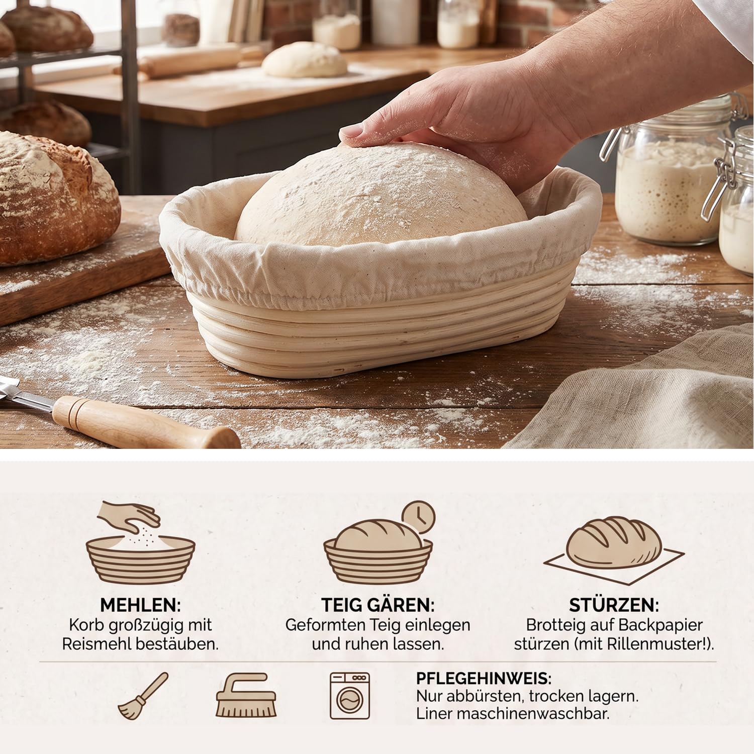 DARDVORLAG Gärkörbchen Oval 25cm mit Leinenbezug – Banneton aus 100% Rattan,Gärkorb für Sauerteigbrot 300–400g,Brotkorb für gleichmäßige Gärung & knusprige Kruste,Brotback Zubehör