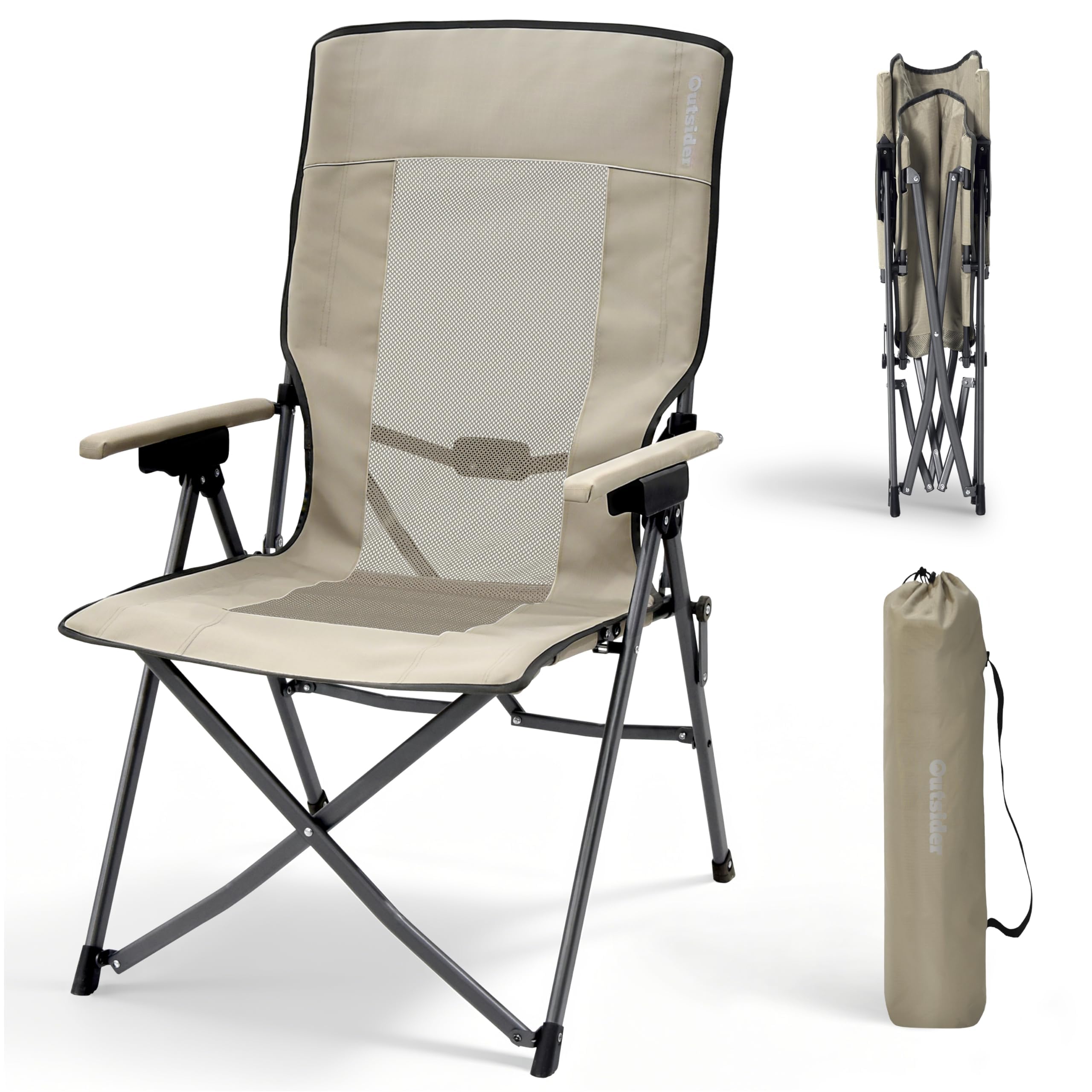 OUTSIDER Fauteuil Pliable – Dossier 3 Pos, 150 kg | Mesh aéré, Oxford 600D, housse incluse. Dossier 3 pos réglable. 150 kg. Pour camping, pêche, jardin, balcon. Garantie 1 an.