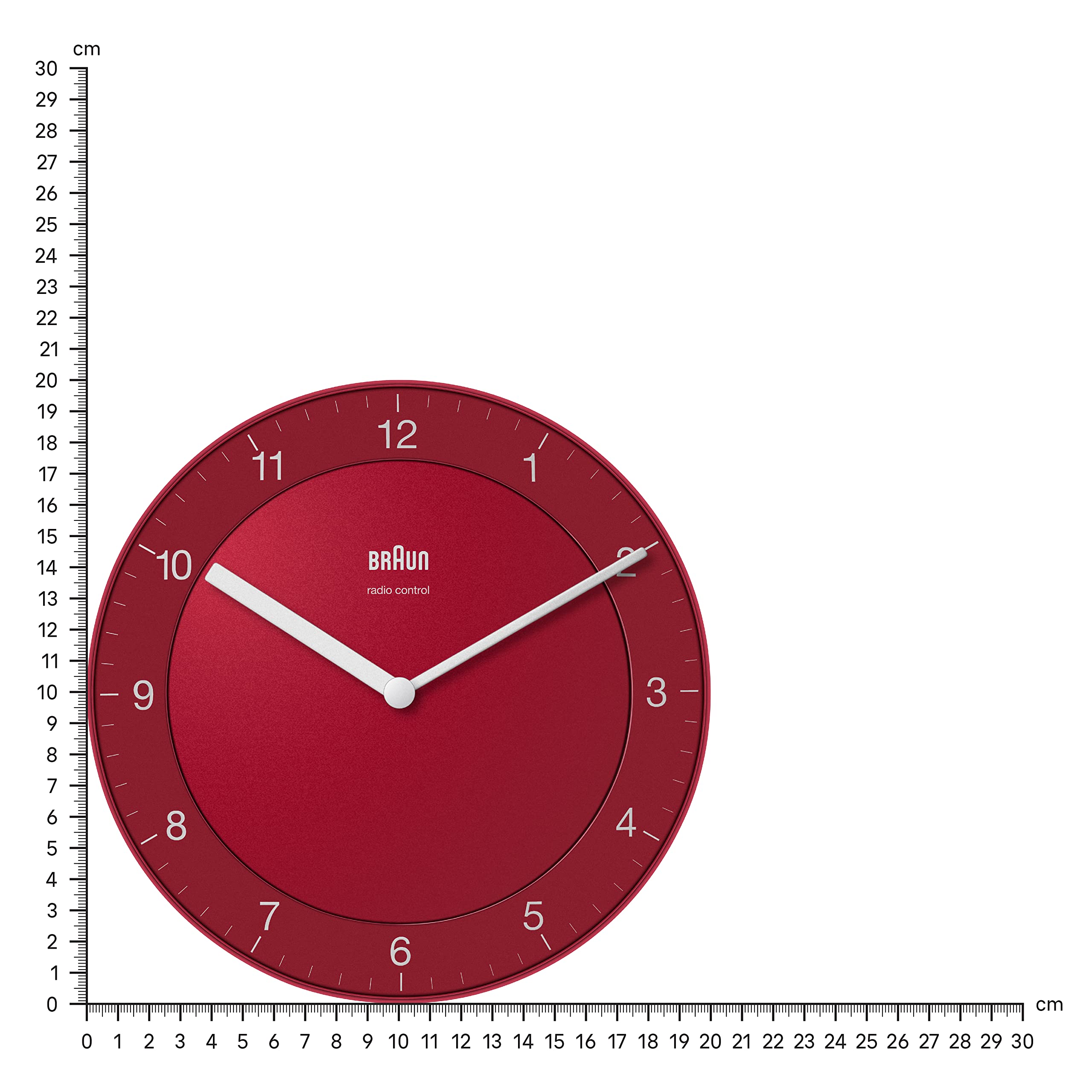 Braun Klassische Funkwanduhr Mitteleuropäische Zeitzone (MEZ/GMT+1) mit ruhigem Uhrwerk, leicht lesbarem Zifferblatt mit 20 cm Durchmesser in Rot, Modell BC06R-DCF.